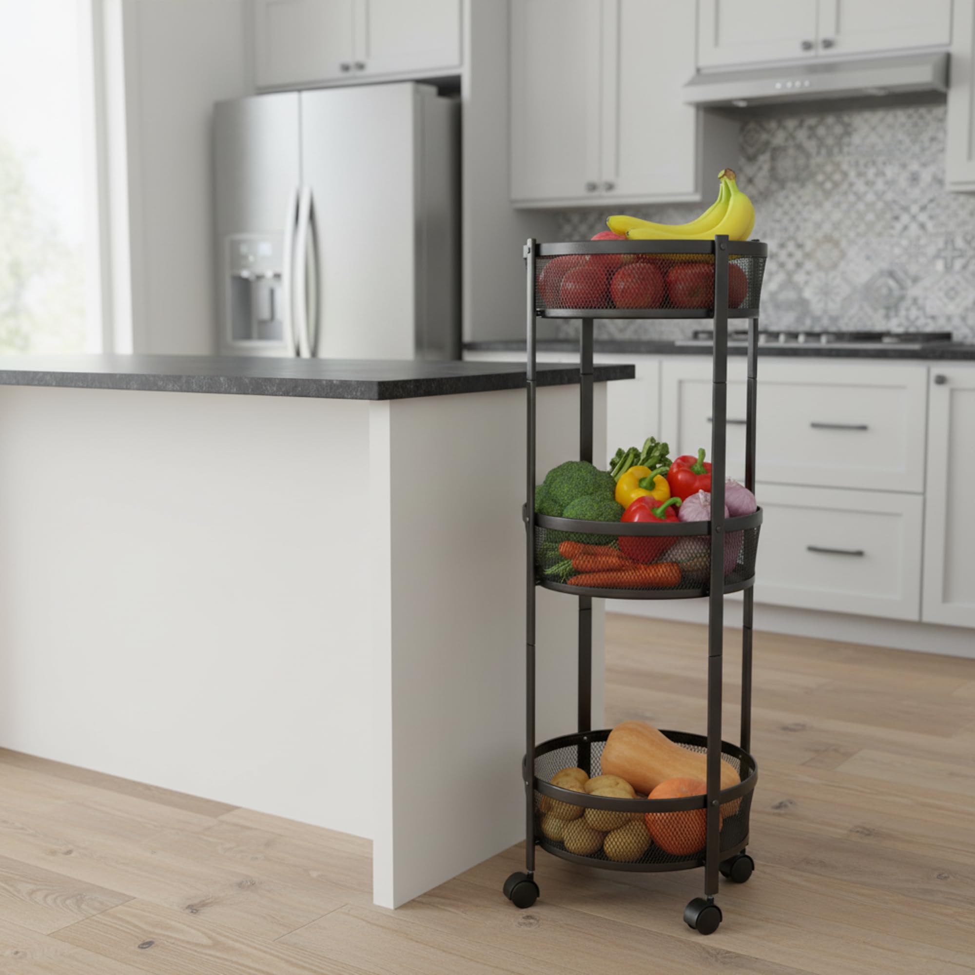 Pincho Carrito Auxiliar con Ruedas Verdulero Cocina Metálico, Mueble Auxiliar De Cocina, Estanteria con Ruedas 3 Niveles Plegable, Carro Almacenaje Rodante Negro - Metal 3 Bandejas Redondas
