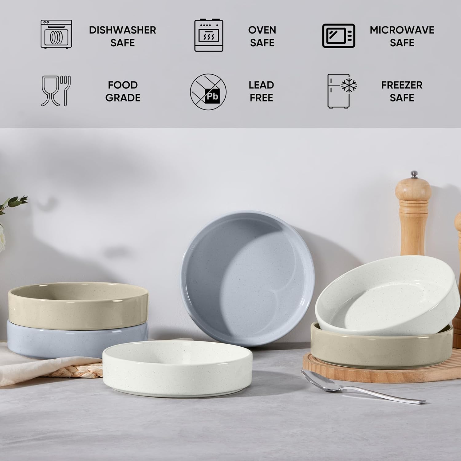 E-far Pasta Bowls Set of 6, 35 oz Large Stoneware Bowl Plates | Shallow & Wide Ceramic Pasta Serving Plates for Salad Dinner Soup | Microwave & Dishwasher Safe, Speckled Multicolor