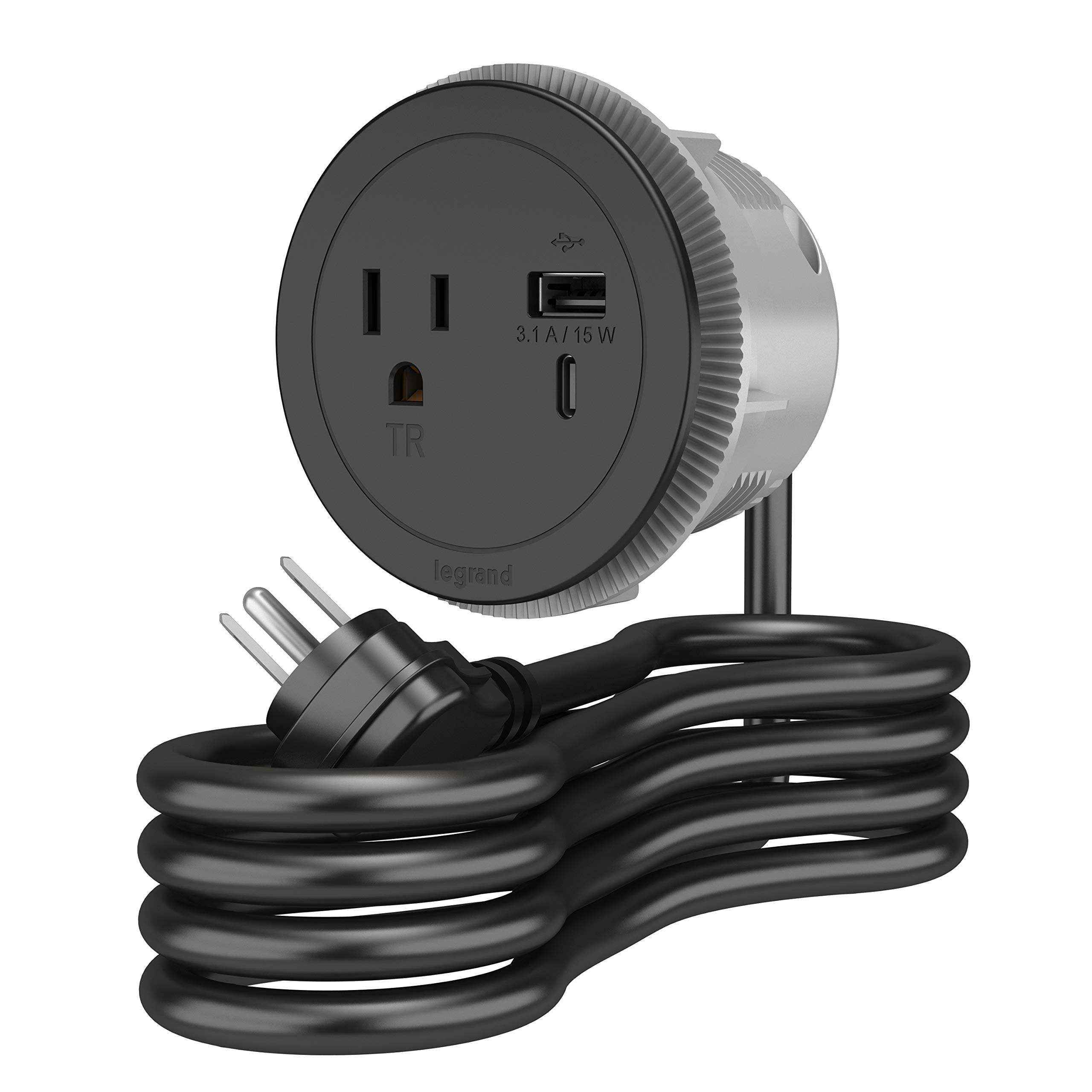 Legrand Wiremold RFPCRUAUC-BK10 Round Furniture Power Center with USB, 1 Outlet, Type A/C USB, 10 Foot Cord, Black