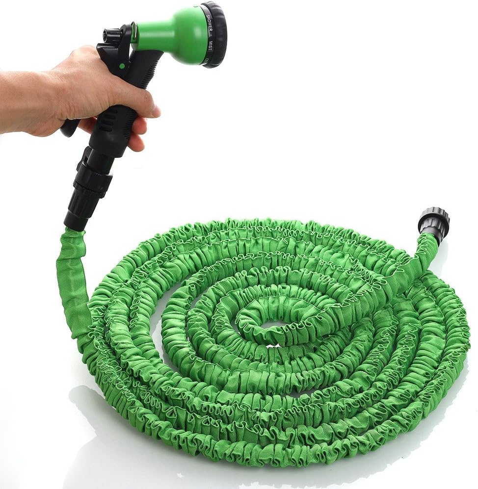 Maxxi 50ft Latex Garden Expandable Hose with Upgraded 8-pattern Spray Nozzle, Green