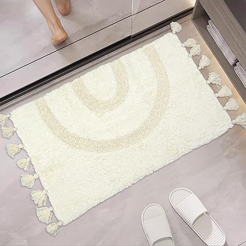 Miniatura 3 de Bonita alfombra de baño de algodón con borlas tejida a mano, lavable para entrada, dormitorio, lavandería, sala de estar, 19.7 x 31.5 pulgadas,