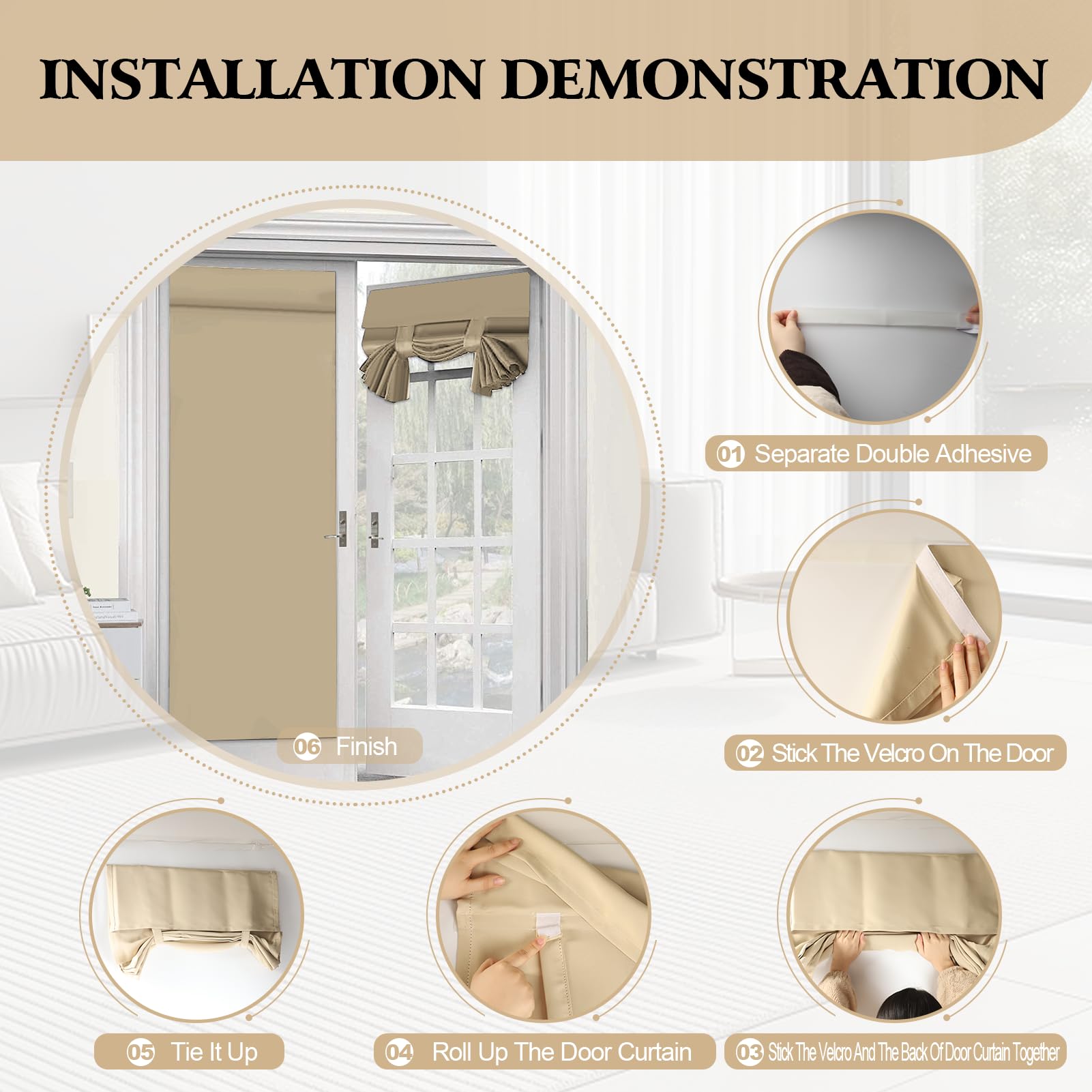 Gugxiom 66 x 173 cm Front Tür Vorhang,Französisch Tür Jalousien mit Bandage,Front Türs Seitenlicht Vorhang für Küche Wohnzimmer Bad (Beige)