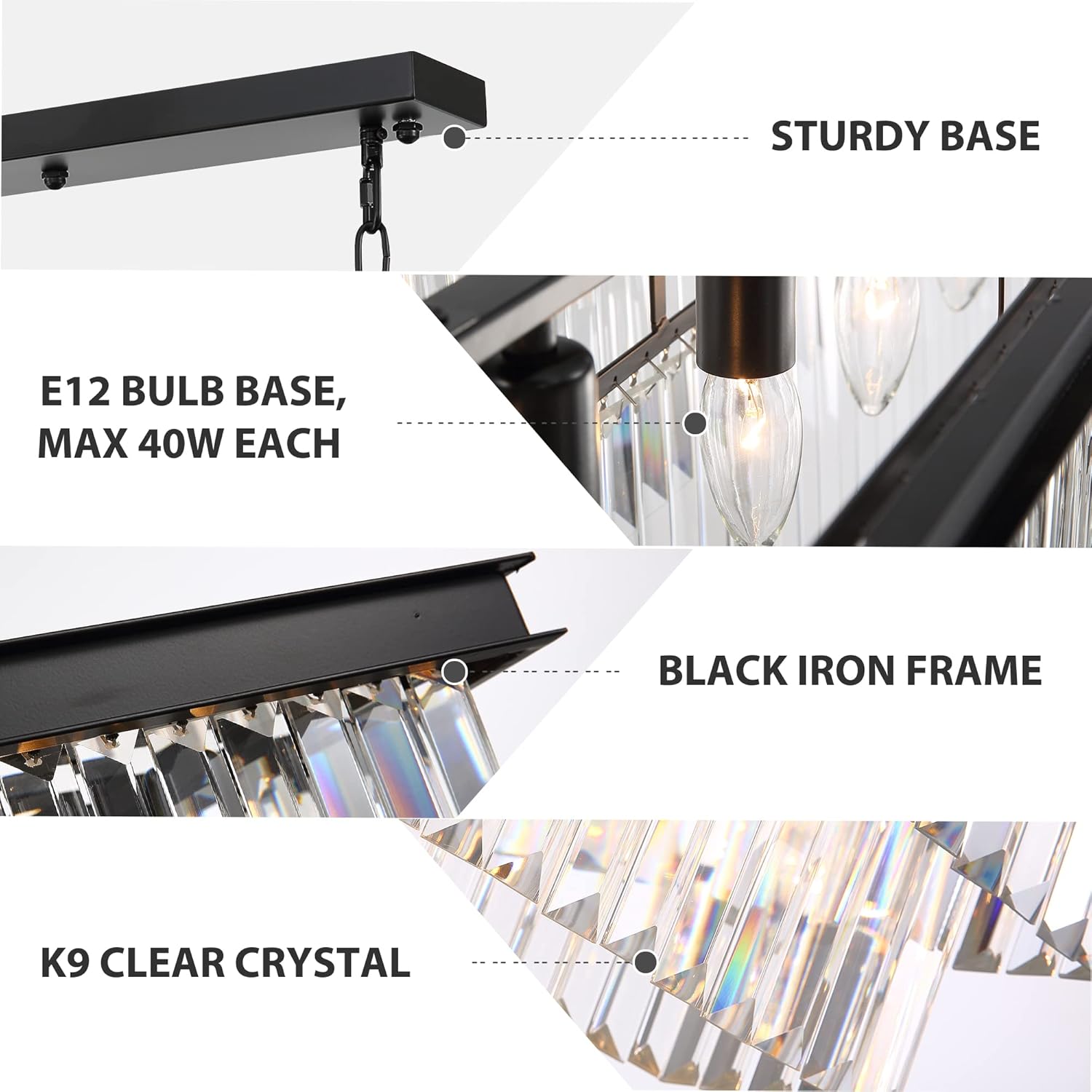 7PM 40 inch Crystal Chandeliers for Dining Room, Black Modern Rectangle Crystal Chandelier, Dining Room Light Fixtures Over Table for Living Room Dining Room Kitchen Island