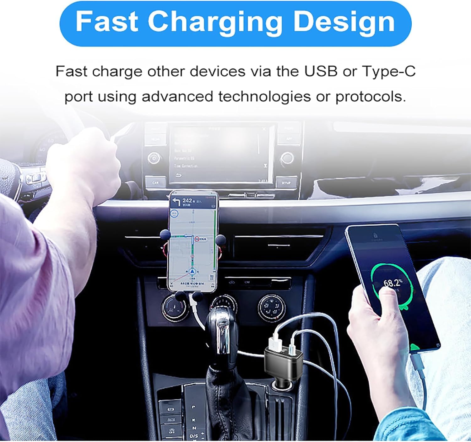 Traceur GPS 4G LTE, appareil de traceur GPS 4G caché sans ABO allume-cigare de voiture, double port de charge USB de type C, localisation en temps réel, alarme de vibration, alarme de déconnexion, etc