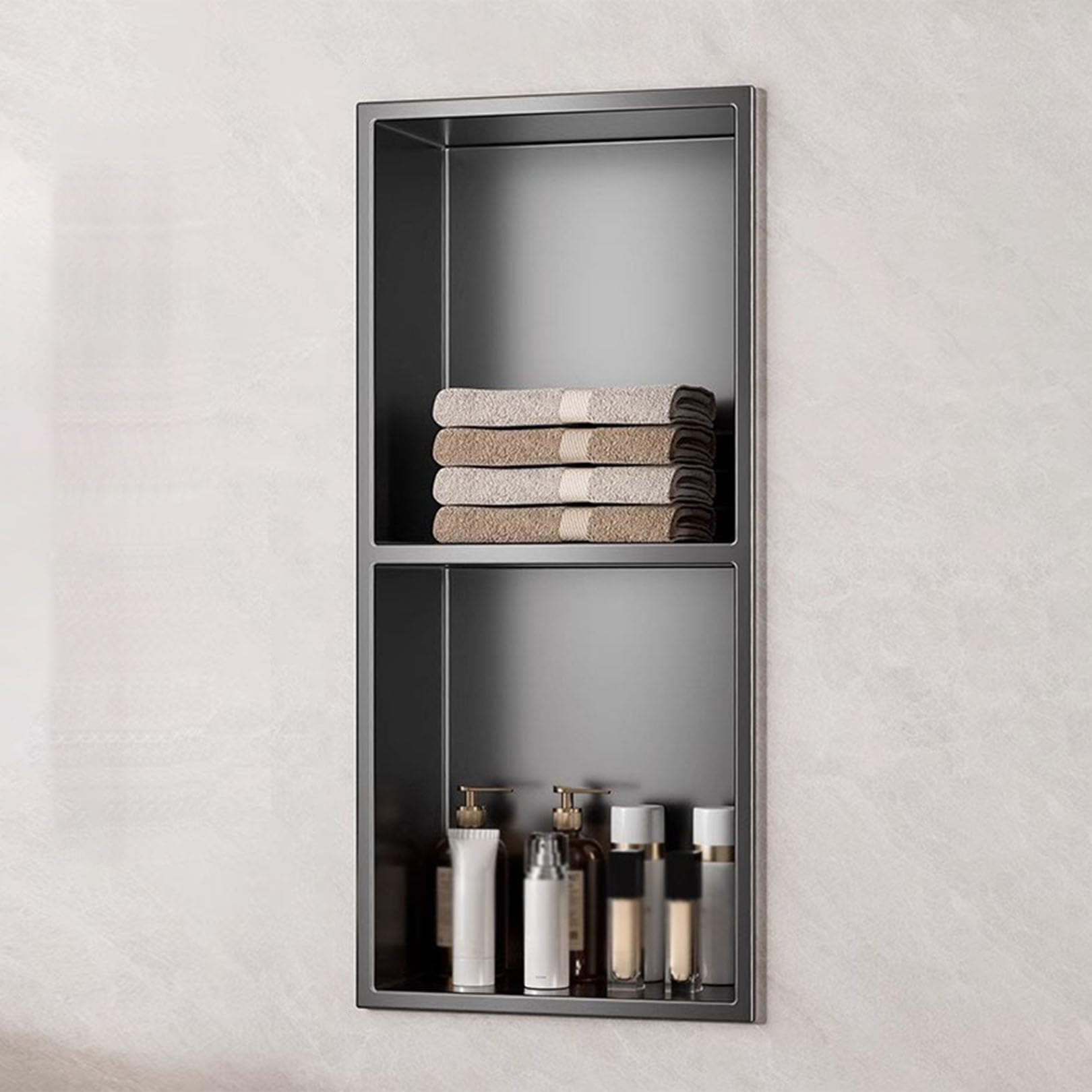 Paroi de douche encastrée acier 304 design 2 niveaux gris noir pour salle de bain