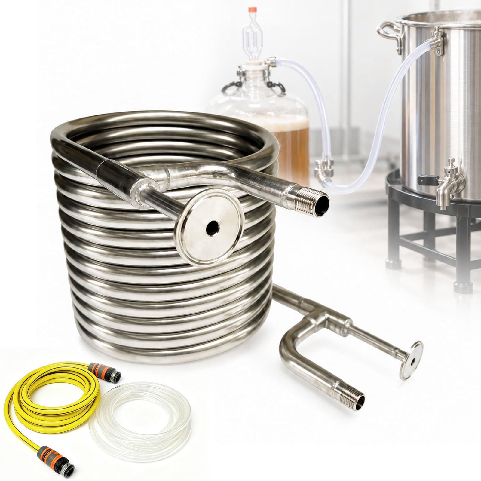 Raffreddatore di Mosto in Controcorrente in Acciaio Inox 304, Serpentina da 9,5 M con Tubo Flessibile da 4 M E Tubo in Silicone da 3 M, per Birrificazione Casalinga