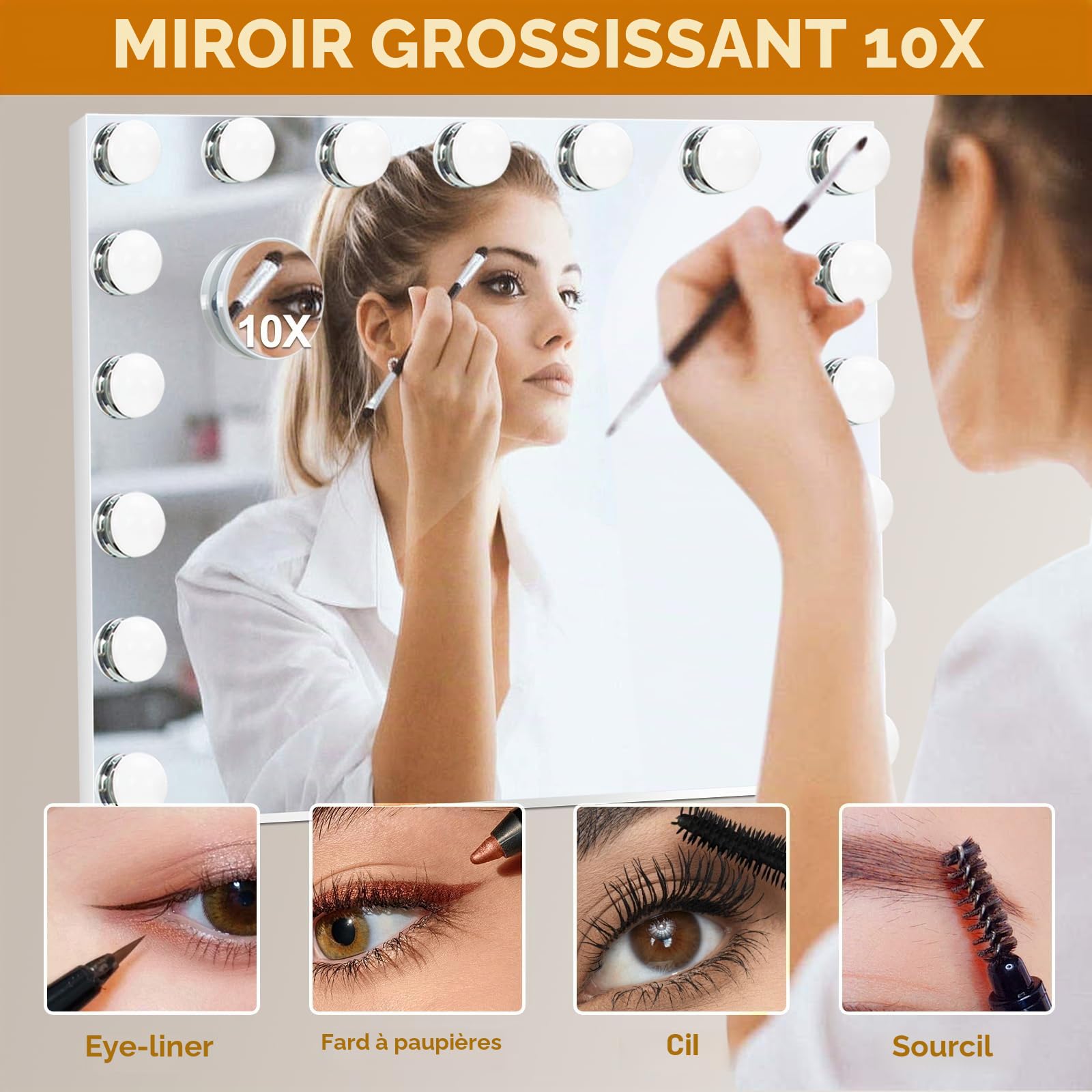 miroir de maquillage avec éclairage LED, 60 x 52 cm, miroir hollywoodien à intensité variable