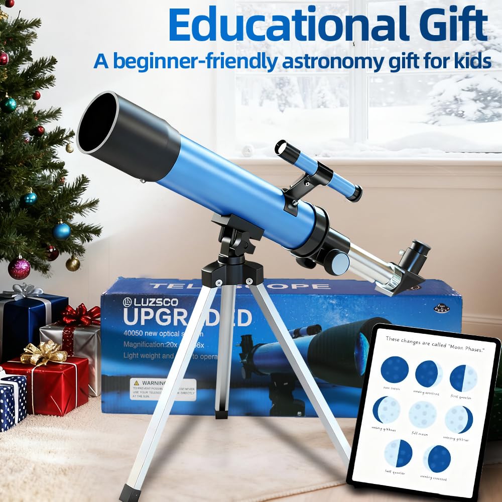 Telescopio astronómico para niños de 8 a 12 años con trípode, para principiantes, apertura de 50 mm, regalo educativo para niños y niñas de 6 a 12 años, portátil, 2 oculares 20X-66X