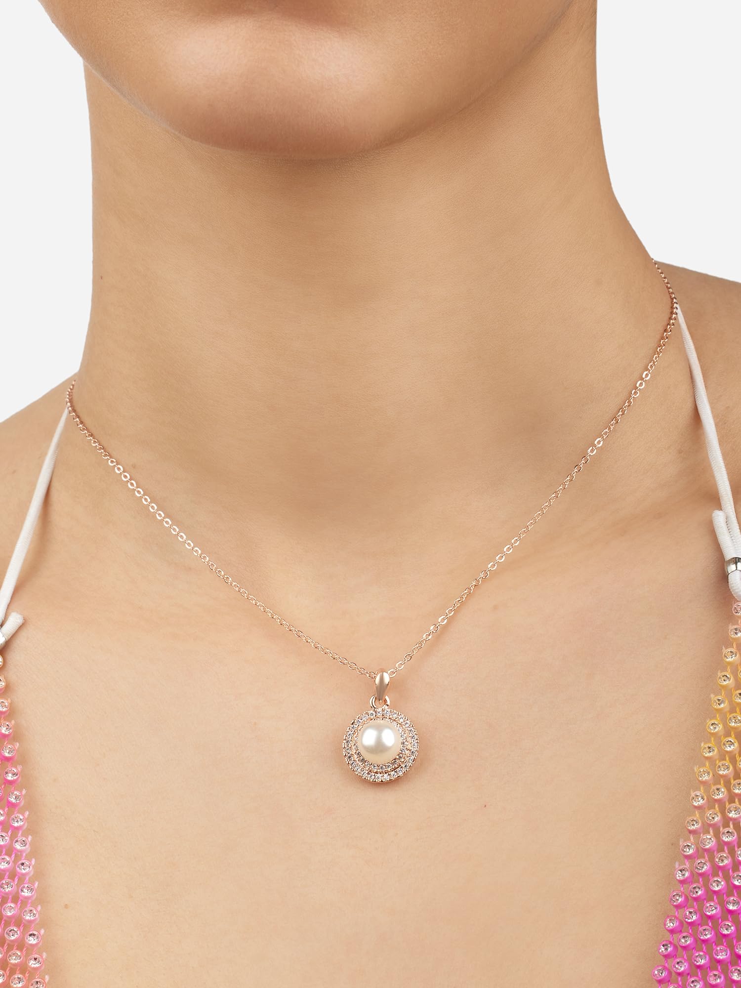 Women's Dazzling Cubic Zirconia & Pearl Brass Pendant With Chain