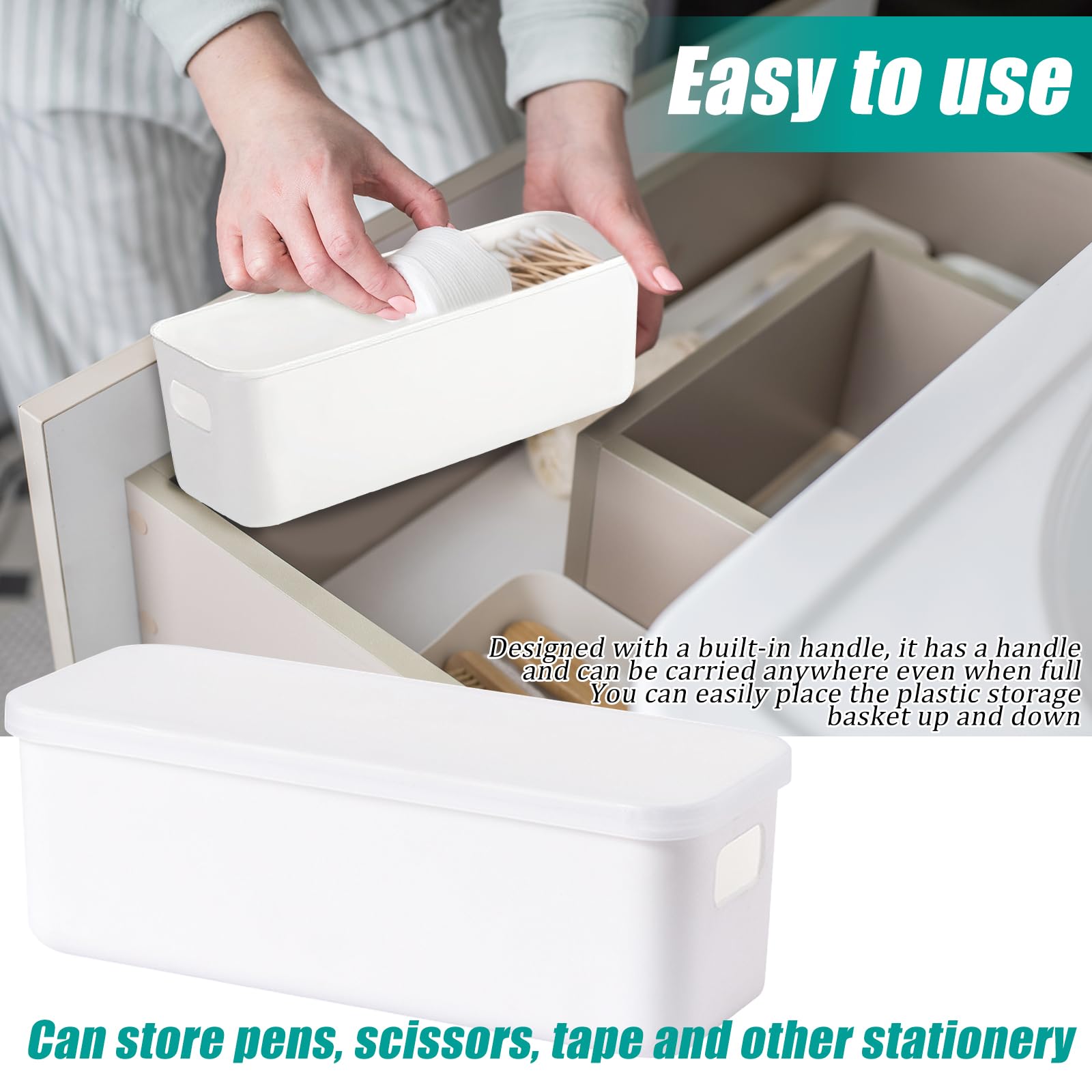 2 Pezzi Cestino Portaoggetti Plastica con Coperchio, Scatole Immagazzinaggio Rettangolari, Scatola Portaoggetti con Maniglie Portaoggetti Box Organizzatore per Cucina, Bagno, Cosmetici (28×9,5×10cm)