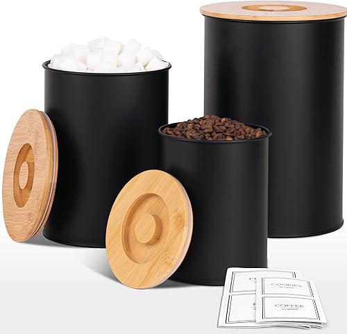Juego de 3 recipientes para encimera de cocina, recipientes de cocina de metal negro, recipientes de almacenamiento de harina y azúcar con tapa