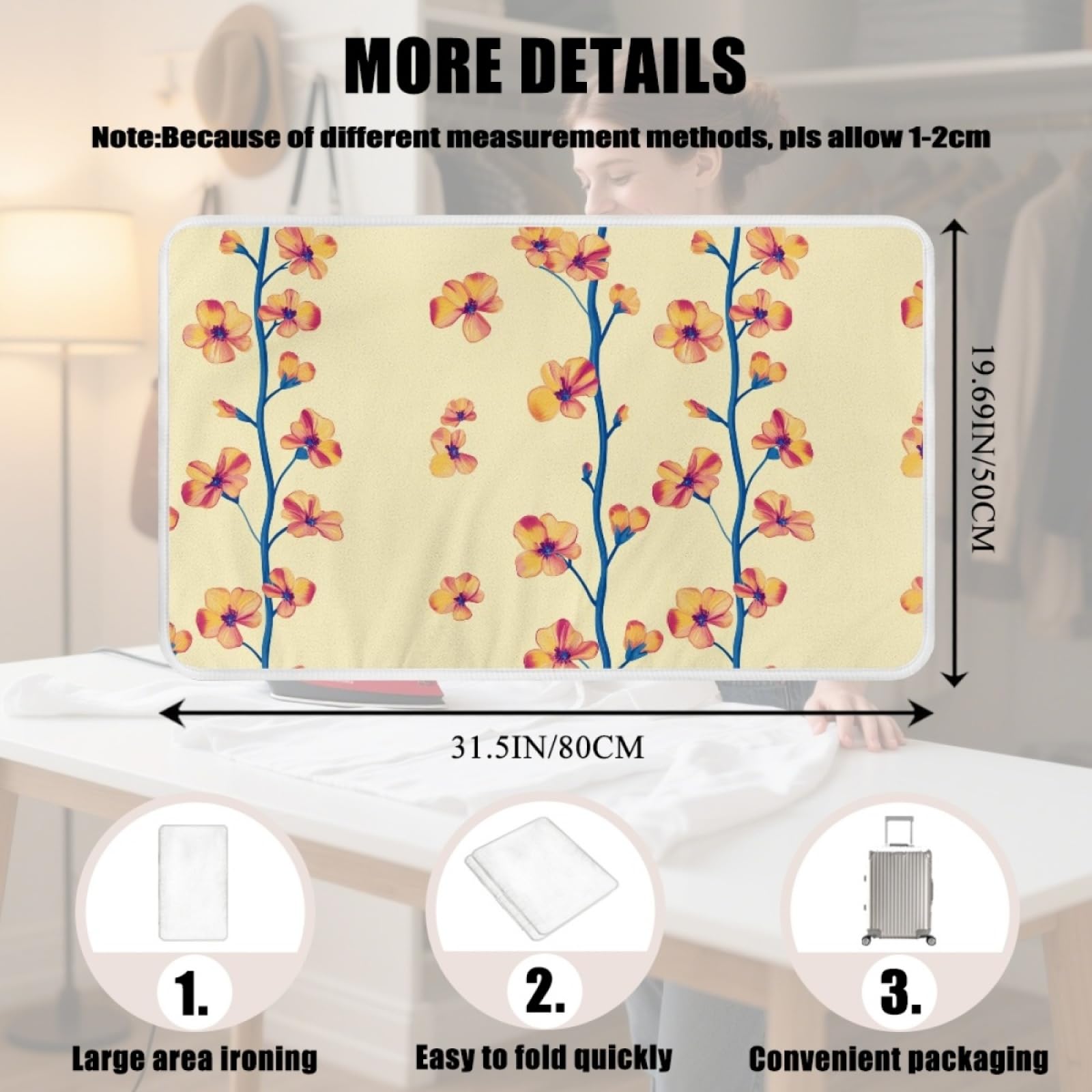 Bügelmatte Orangeblaue Blume Bügeleinlage Faltbares Hitzebeständig Waschbar Bügelauflage für Tisch und andere Oberflächen Bügelbrett Unterlage rutschfeste Bügeldecke 80x50cm (2 Stück)