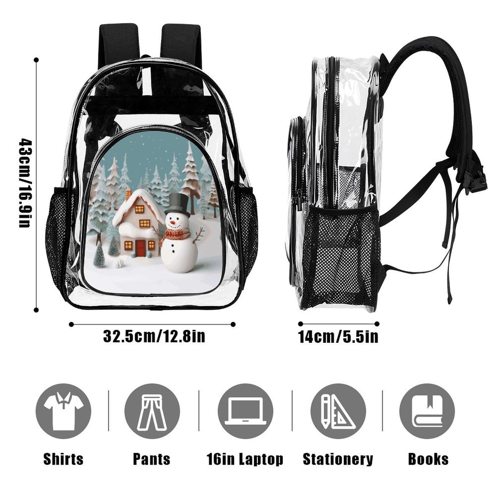 Transparenter Rucksack mit Schneemann und Dorf, groß, transparent, PVC, Büchertasche für Sicherheit, Arbeit, Reisen, Stadion