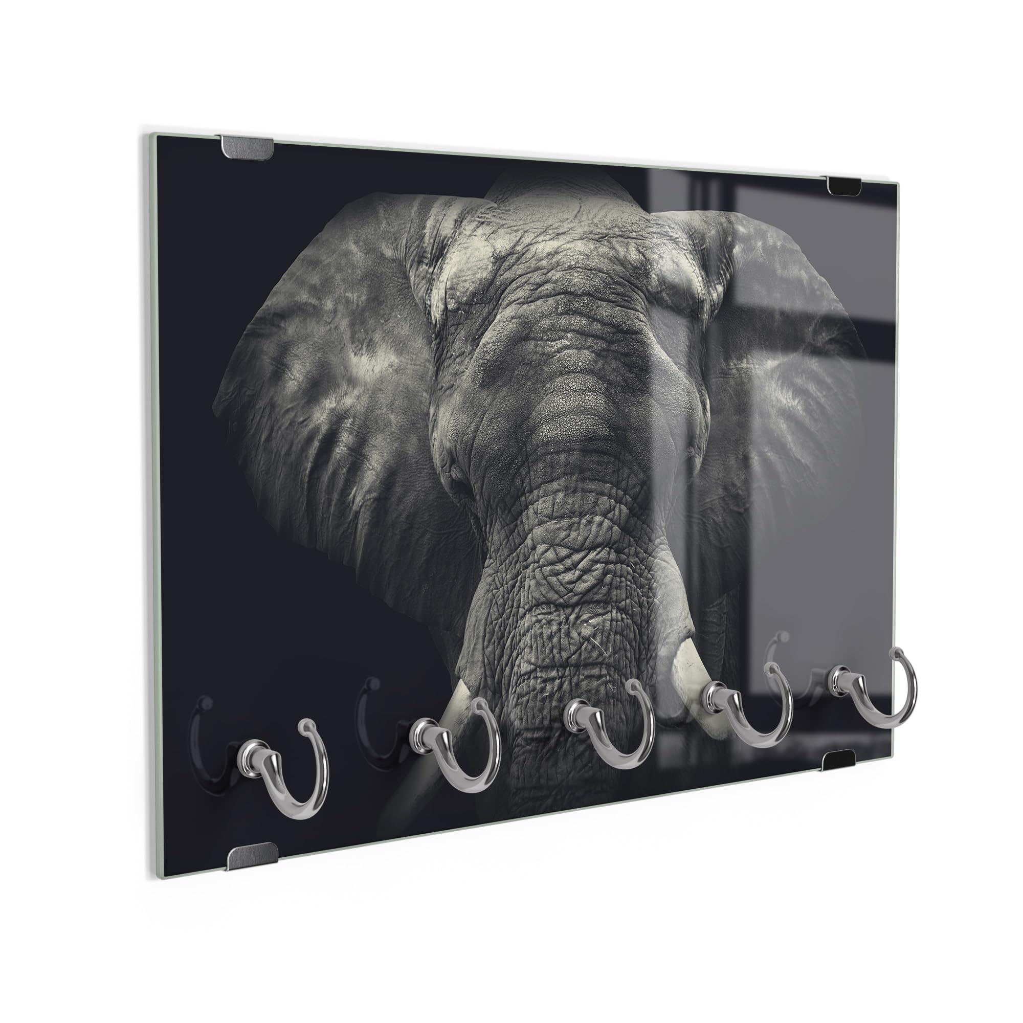 DEQORI Schlüsselbrett aus Glas | Motiv Der graue Gigant | ca. 30x20 cm | mit 5 Haken, magnetisch – moderne Schlüsselaufbewahrung & Schlüsselhalter für Flur, Büro, Schlüssel & Anhänger