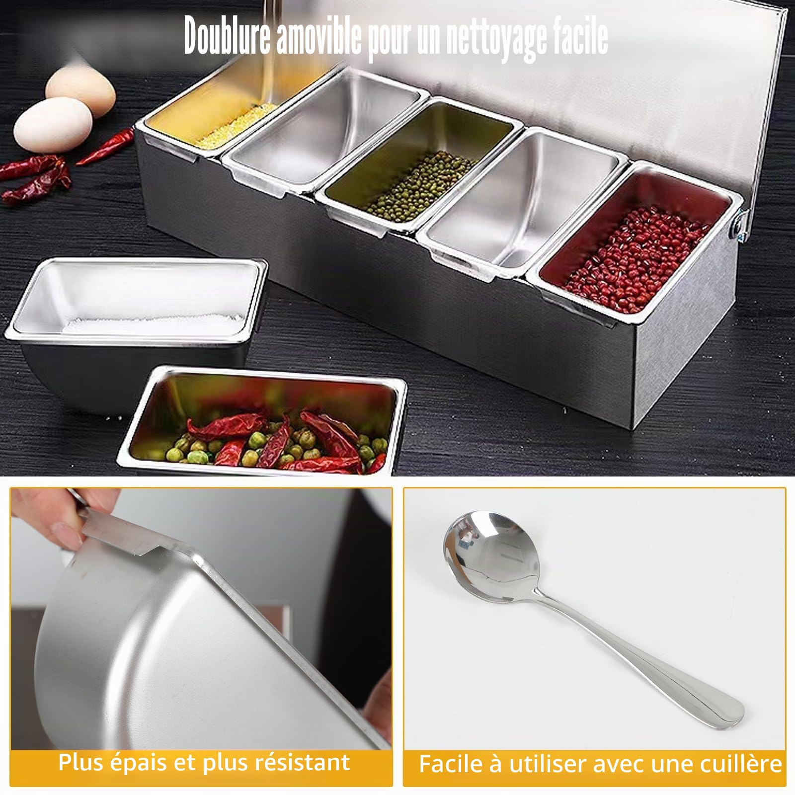 Récipient multi-ingrédients en acier inoxydable avec couvercle, récipient à ingrédients pour bar, cocktail, accessoires de barbecue, station de stockage à pizza