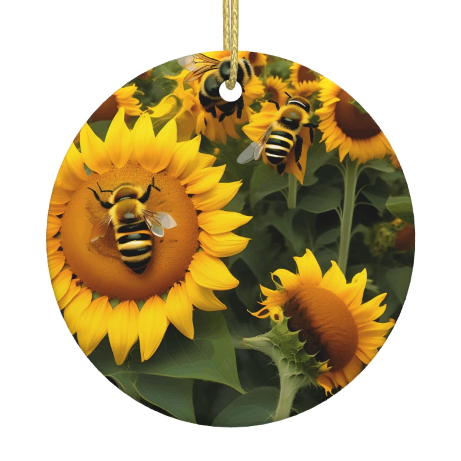 Sunflower Bees Print Christmas Ornaments, Ceramic Hanging Ornament, Round Shape Decorations