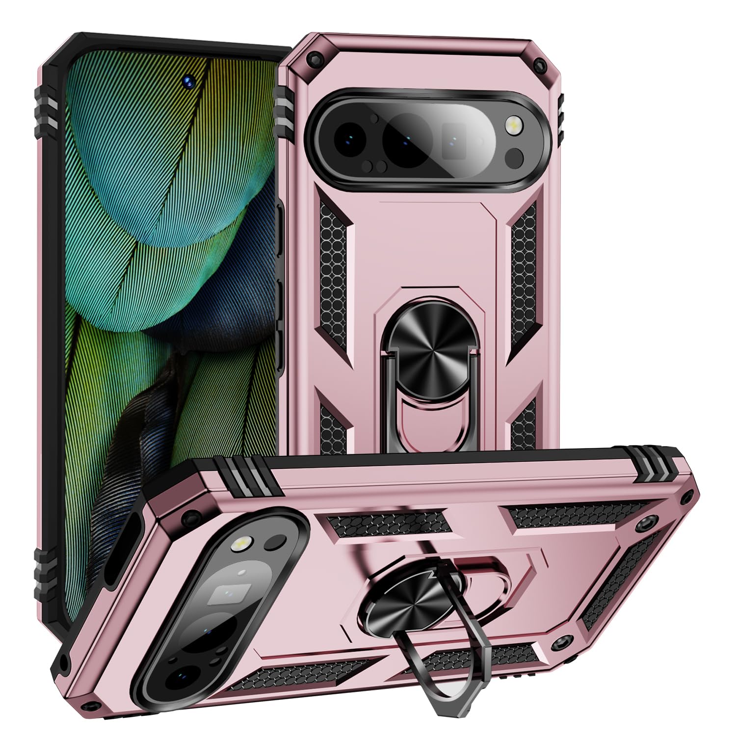Pixel 9 Pro XL Phone Case for Women,Military Grade Shockproof Armor for Google 9XL Pro Case with Stand,6.8-inch Rose Gold