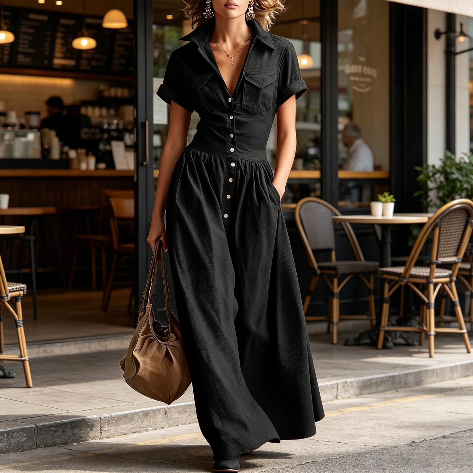 Robe chemise boutonnée à manches courtes pour femme, robe longue trapèze fluide avec poches, robe de style cowgirl occidentale pour l'été, la plage et le quotidien
