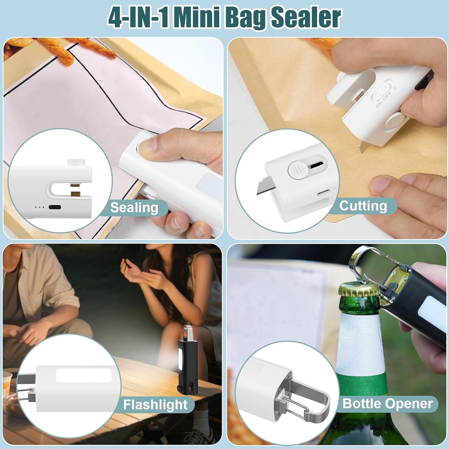 4 in 1 Mini Bag Sealer, Bag Sealer Heat Seal with Cutter, USB C Rechargeable Chip Bag Sealer Heat Seal, Portable Bag Resealer for Plastic Bags Snacks & Food Storage,Black Black-New
