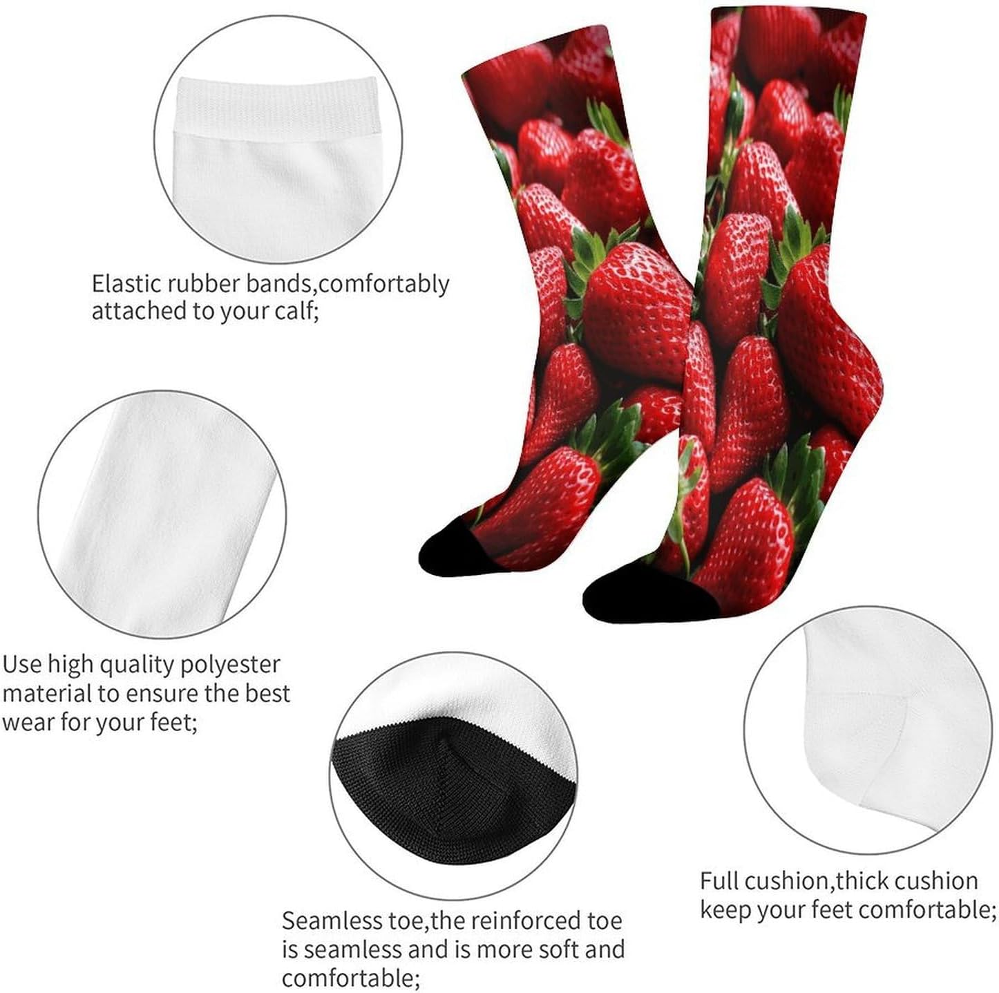 Fresh Strawberries Crew Sock High Stocking Grippy Socks | Socks for Men & Women,Stockings-Long Thin Tube Sports, Breathable Soft Athletic for Nurses,Travel