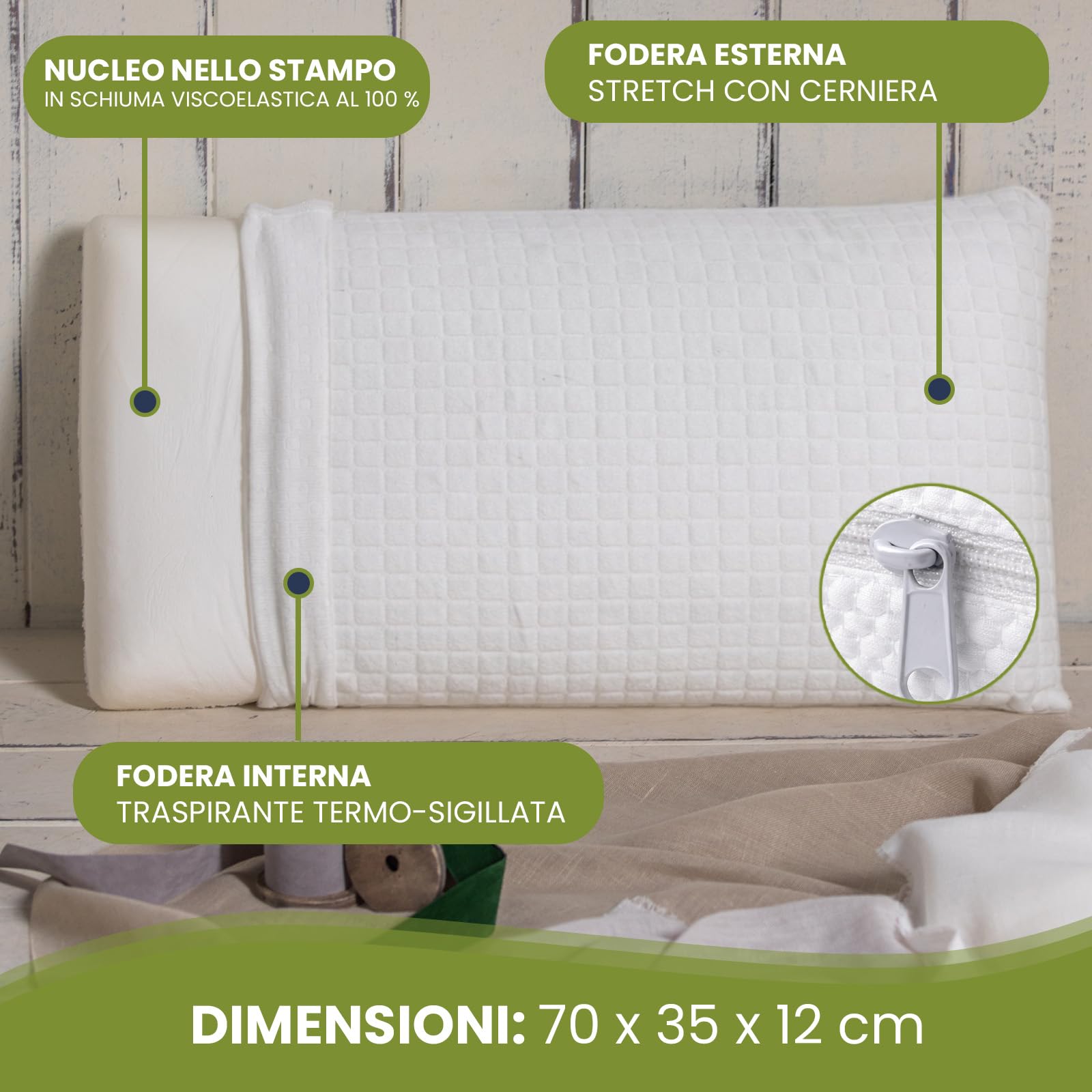 Cuscino Memory Foam 135 Ergonomico In Viscoelastico Federa Aloe Vera Lavabile Con Cerniera Copertura Interna Morbido Termoregolante Certificato Oeko Tex Prodotto In Europa