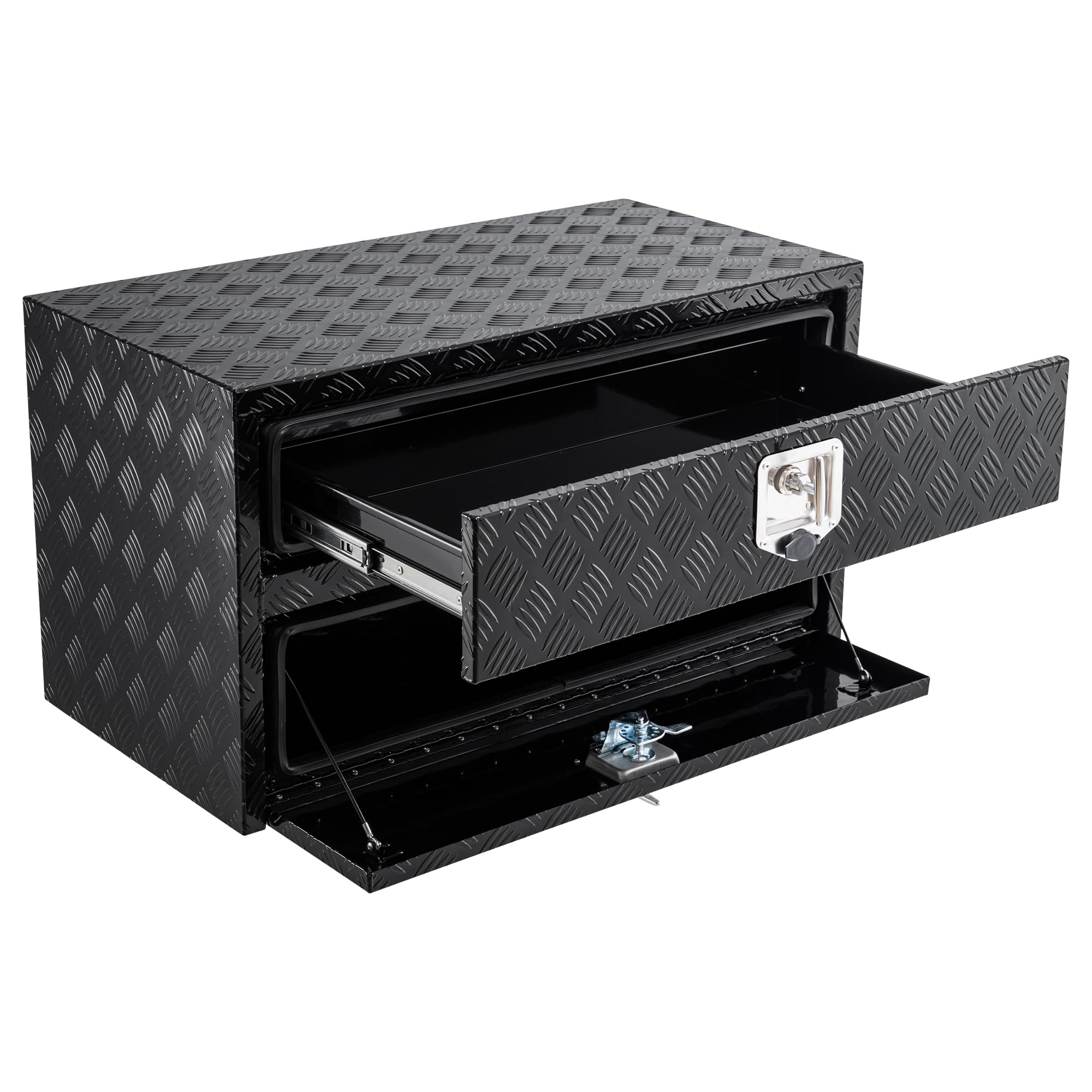 Schwerlast Aluminium Unterflur-Werkzeugkasten mit Schublade, 2 Ebenen, abschließbar & wasserdicht, für Pickup/LKW/RV/Anhänger – Schwarz – 61 x 46 x 51 cm