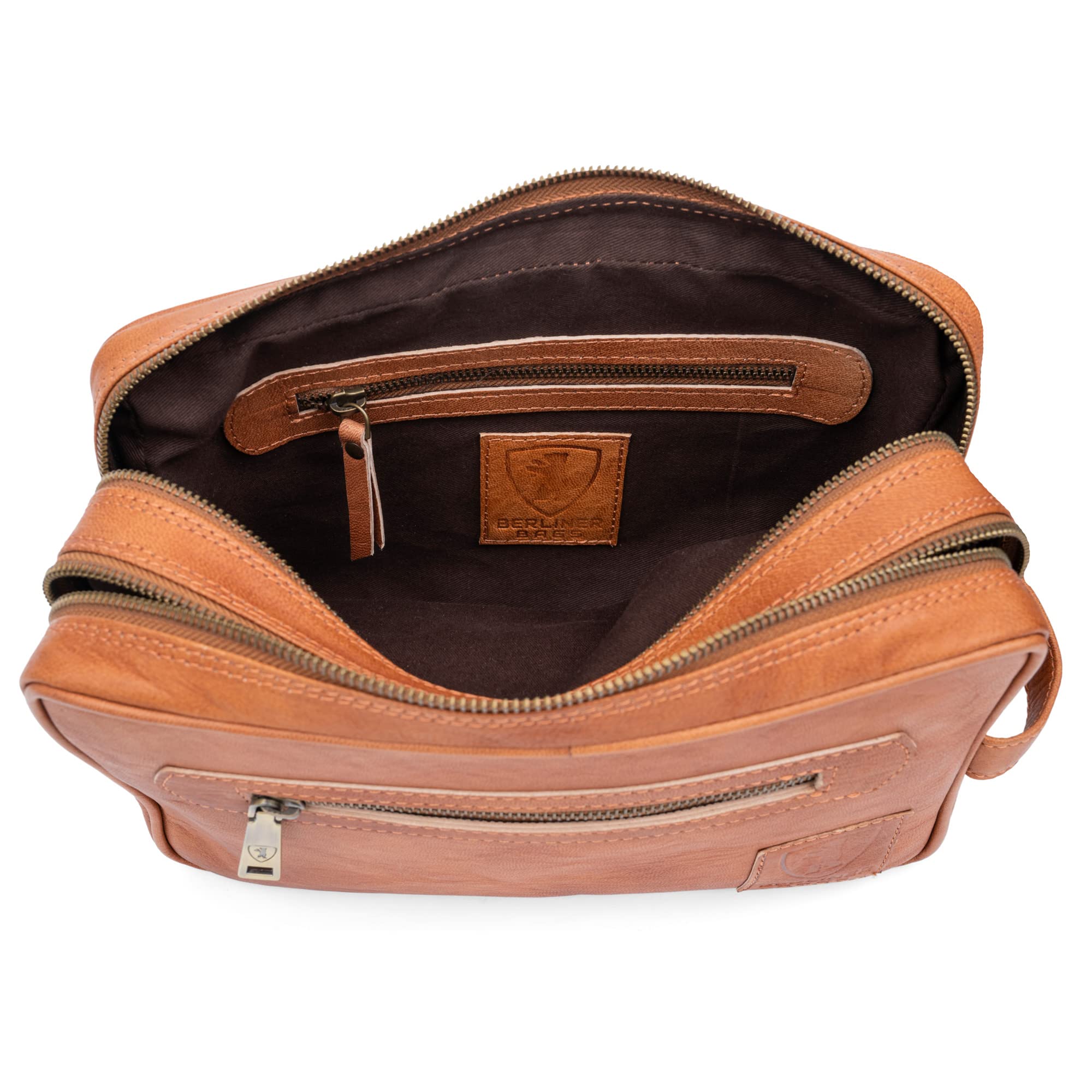BERLINER BAGS Vintage skórzana kosmetyczka Paul, etui na kosmetyki dla mężczyzn i kobiet na podróż - brązowa, 2 przegródki, 11" x 7.5" x 3.9", Vintage