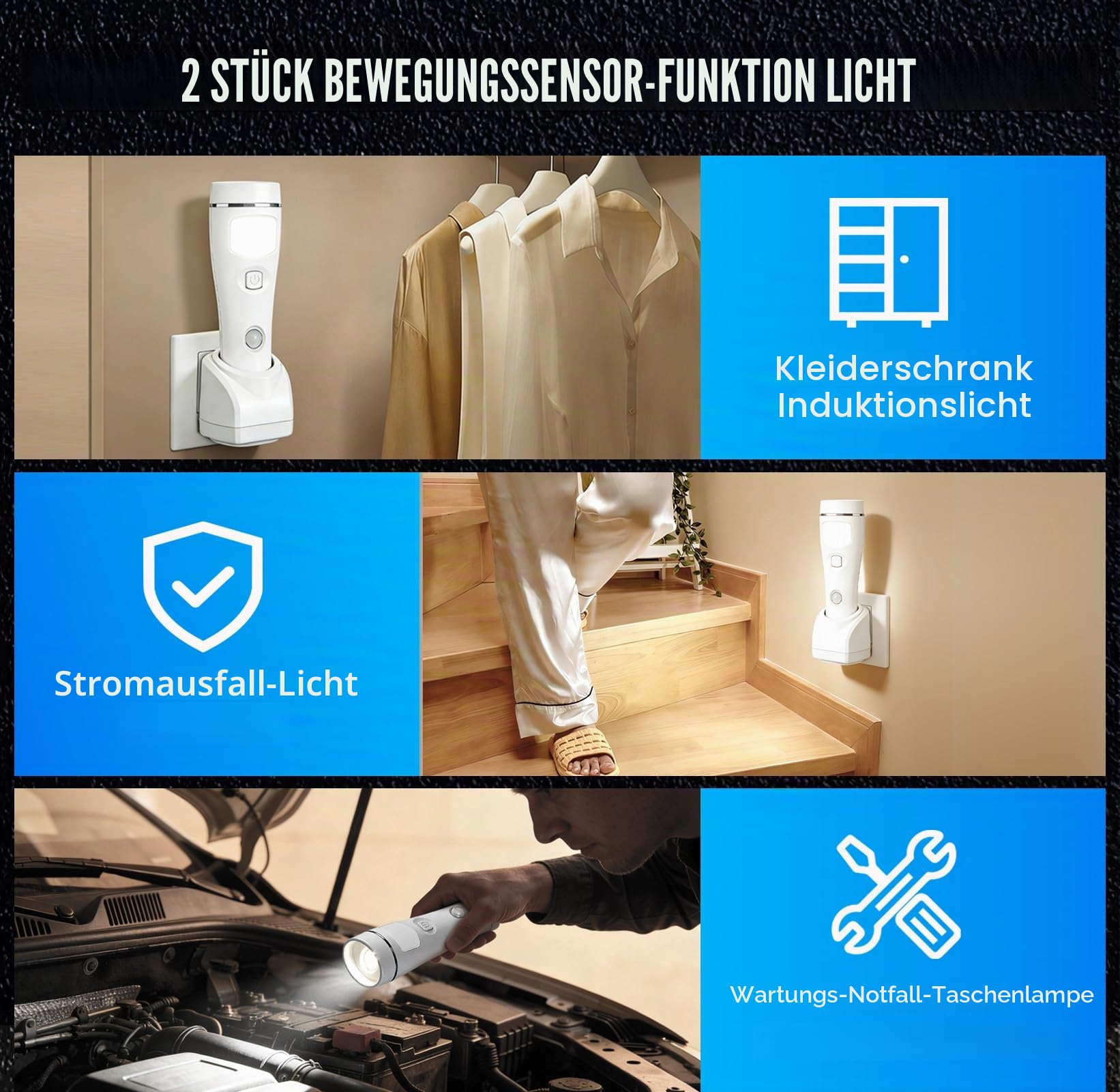 4-in-1 LED Wiederaufladbare Steckdosen-Taschenlampen, 2er-Pack LED Notlichter für Stromausfall im Haushalt, Steckdosen-Notfallleuchte, Stromausfall-Lampe mit Bewegungssensor