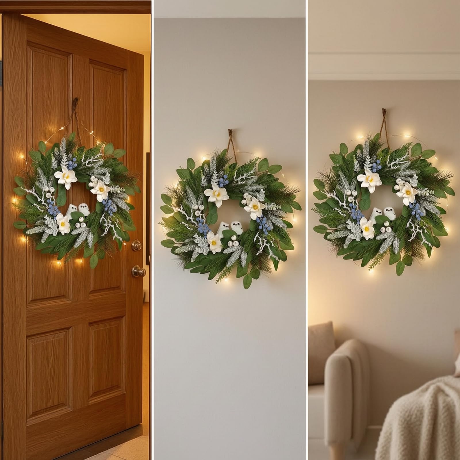 F Fityle Guirnalda para Puerta Guirnalda Corona Adorno Navideño Arreglo con Frutas Decorativas y Flores Suaves de Tela Seda, Guirnalda De Flores con Búhos