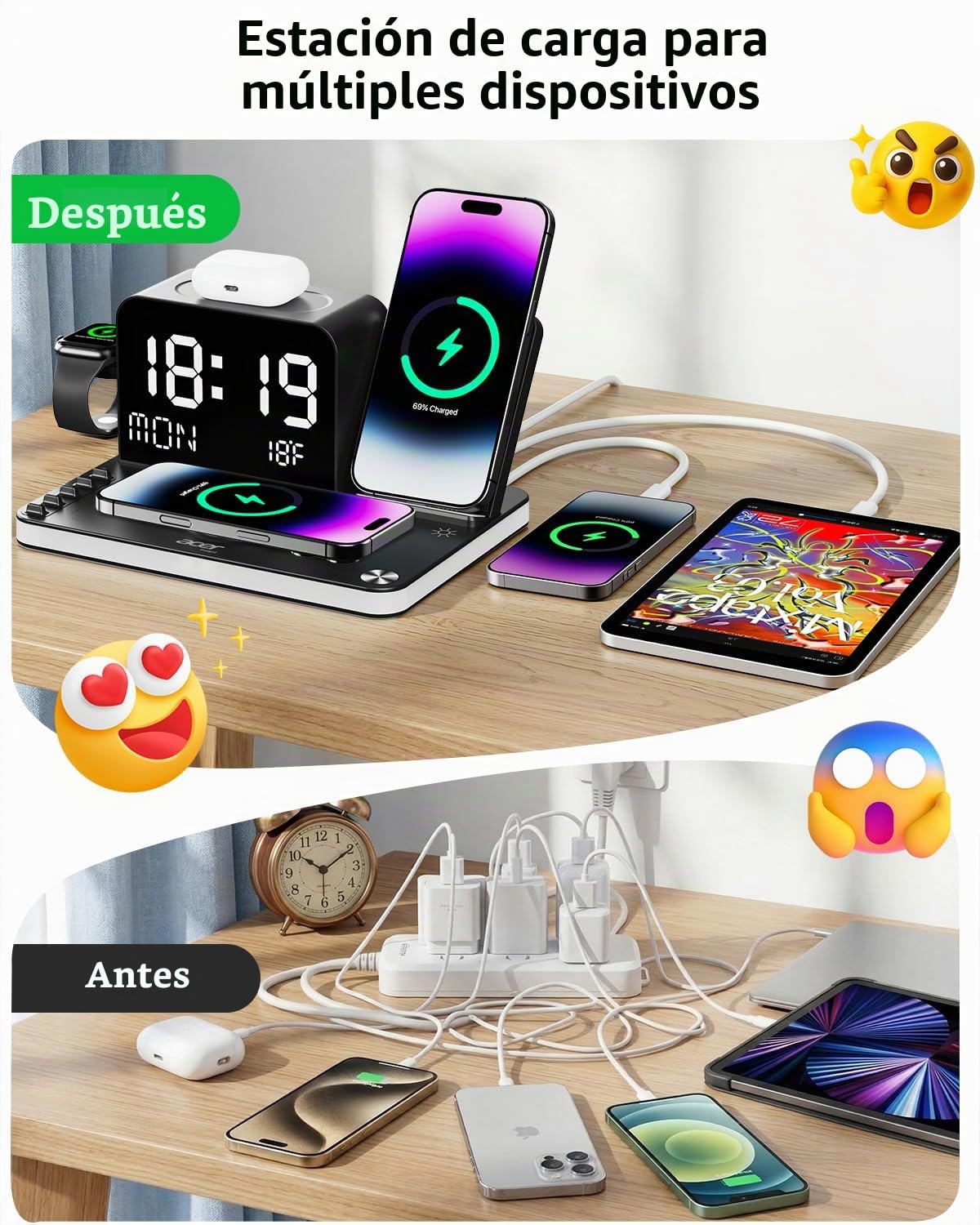 acer Estación de carga inalámbrica 7 en 1 con luz nocturna de brillo ajustable, compatible con iPhone 16/15/14/13/12 todas las series, teléfonos Android, AirPods e iWatch, cargador rápido con pantalla