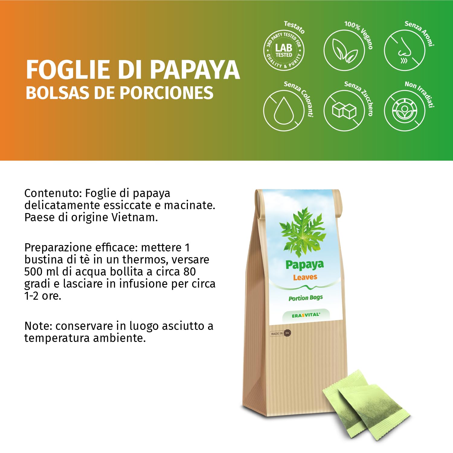Papaya-Blätter und Papaya-Stängel gemahlen und portioniert im Filterbeutel ohne weitere Zusatzstoffe in Portionsbeutel (120 stück (1er Pack))