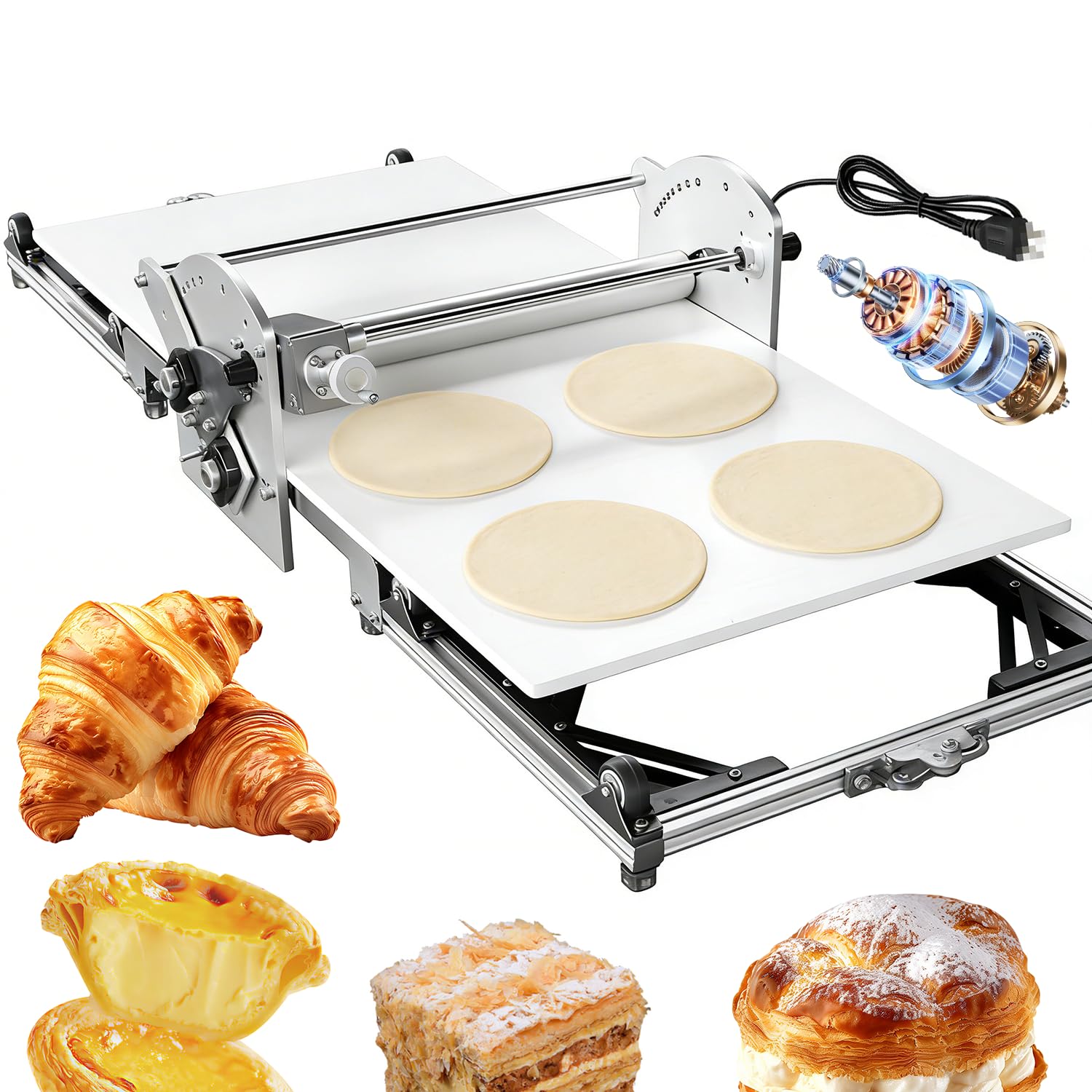 NGDFGR Electric Croissant Dough Sheeter Machine, 40" Foldable Roller With Auto Reverse, Stainless Steel Dough Press For Bakery, Café & Kitchen Use