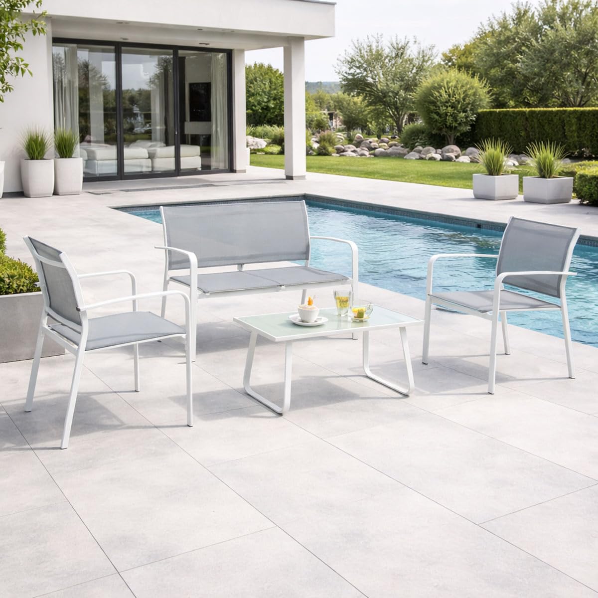Yellowshop - ARENT Set salotto giardino terrazzo esterno in acciaio tavolino top in vetro 4 posti disponibile nel colore Antracite, Bianco e Tortora (Bianco)