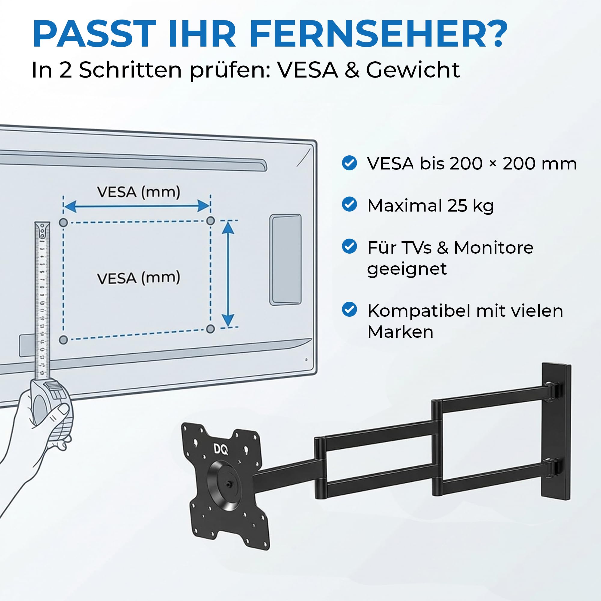 DQ Rotate XL 108,5 cm TV Wandhalterung mit extra langem Schwenkarm 50 Zoll Biz 75 Zoll – dreh-, neig- & rotierbar bis 108,5 cm Auszug, 25 kg Traglast, VESA bis 200x200 mm, Wandhalterung TV