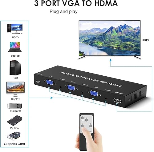Miniatura 3 de Adaptador VGA a HDMI, convertidor VGA de 3 puertos a HDMI con soporte de audio y resolución de 1080 p - entrada VGA a salida HDMI, compatible con