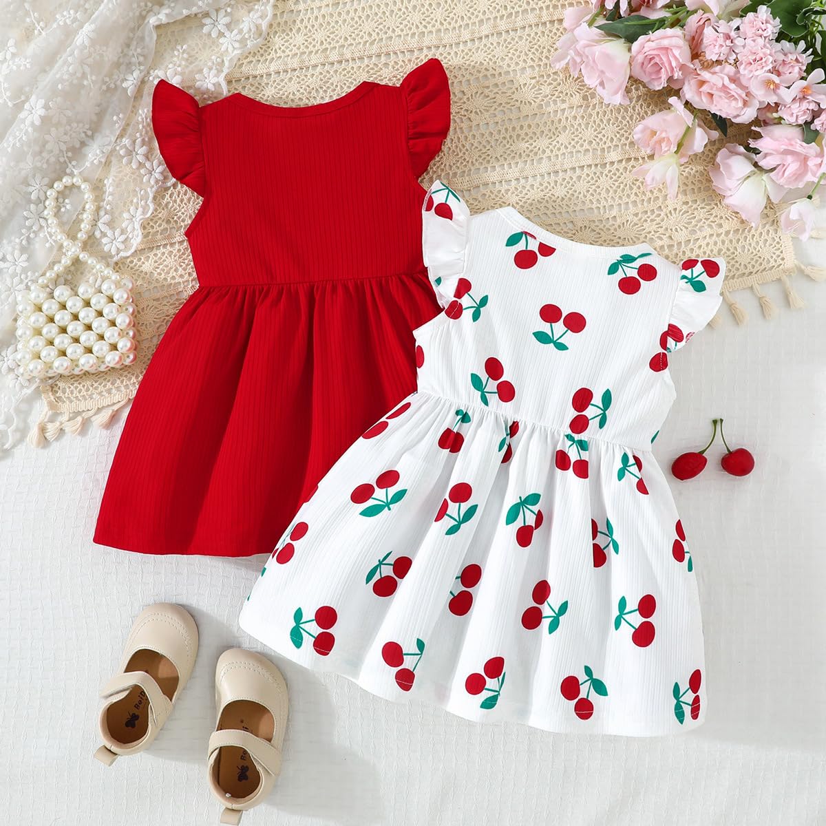 Vestido Verano Para Niña con Estampado de Mariposas Lazo Volantes sin Mangas Bonito Vestido de Lunares Para Niña - 3