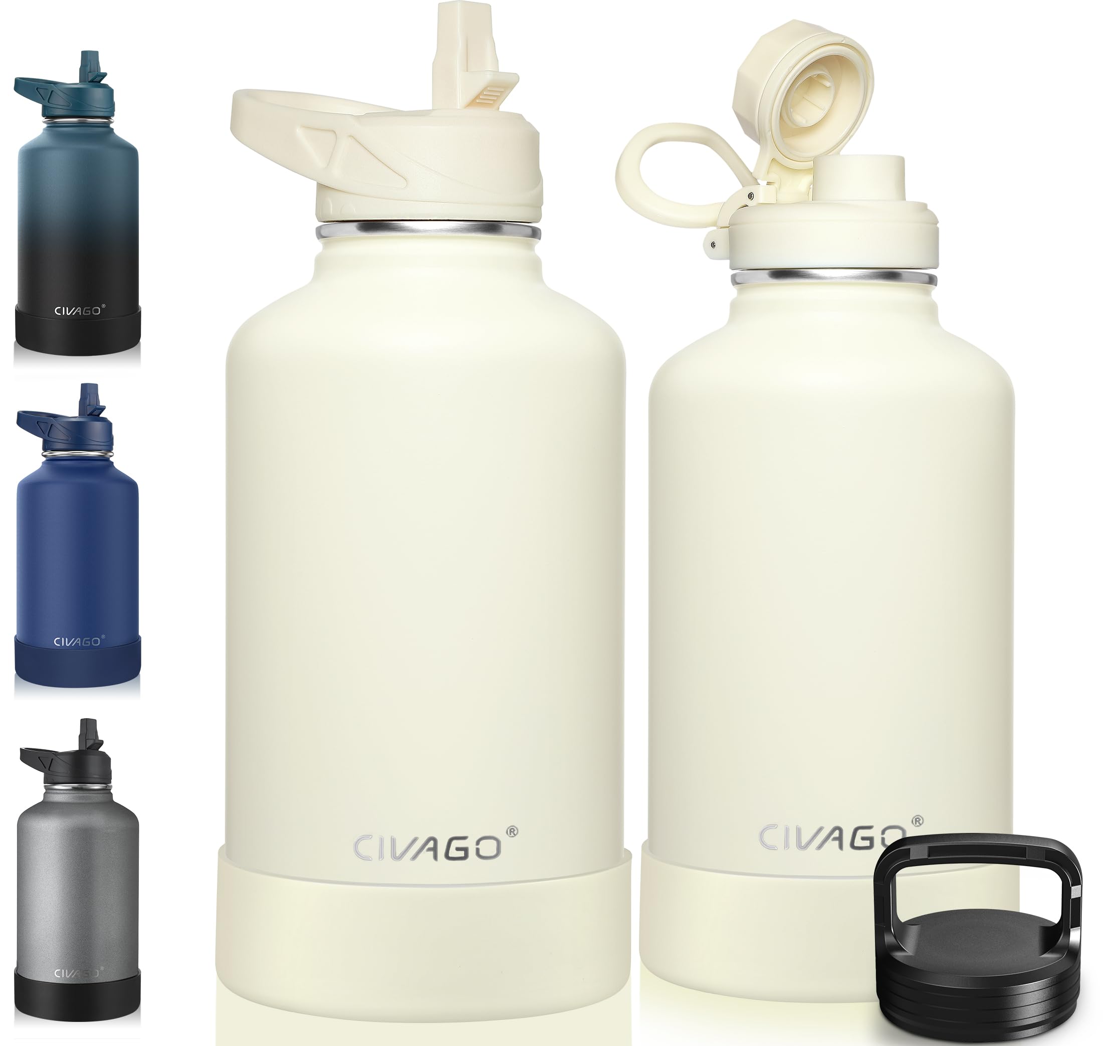 CIVAGO 64 oz Insulated Stainless Steel Water Bottle With Straw and 3 Lids | Half Gallon Large Metal Water Jug Big Leakproof Reusable Wide Mouth Thermal Flask with Silicone Boot, BPA-Free, Cream