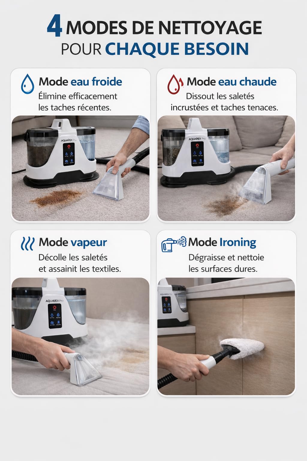 AquavexPro™ Ultra – Nettoyeur Injecteur Extracteur 1700W - 4 en 1 - Eau Froide/Chaude 65 °C & Vapeur 100 °C, Réservoirs 1.8L+1.1L - Shampouineuse Canapé, Tapis, Sièges Auto, Surfaces Dures, Vitres