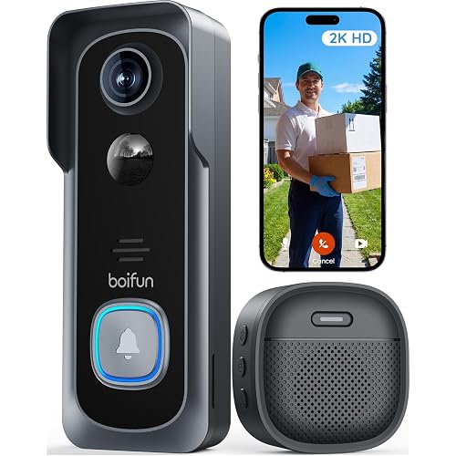 BOIFUN Video Doorbell Camera Wireless – No Subscription Required, 2K HD, 166° Wide View, HDR Night Vision, Motion Alerts, Two‑Way Audio & Battery Video Doorbell with Chime, 2.4 GHz Wi‑Fi Only