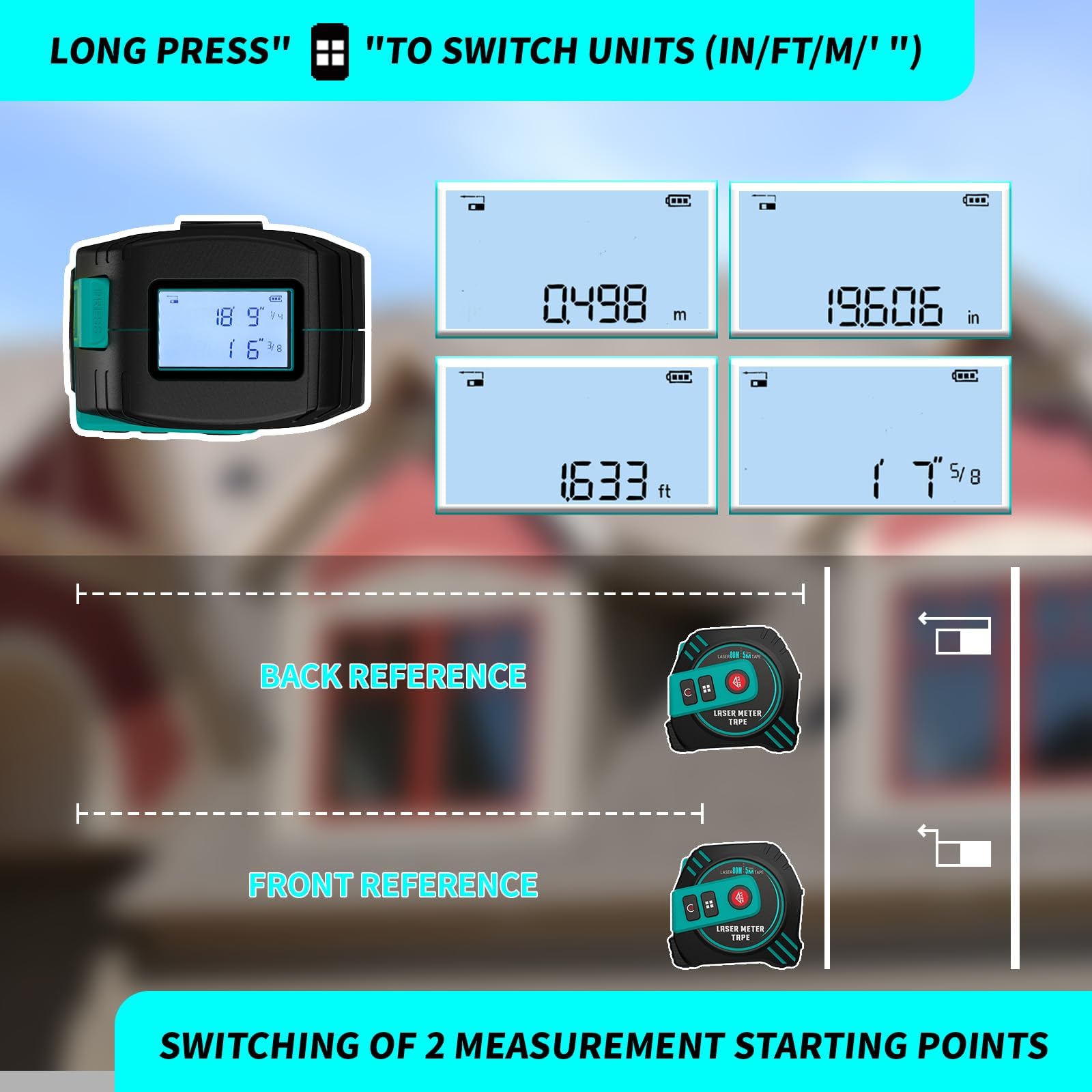Laser Distance Meter 196ft Digital Laser Measuring Tool with LCD Backlit Display, Pythagorean Mode, Area & Volume Calculation, ±2mm Accuracy, Class II, Electronic Tape Measure for DIY and Construction