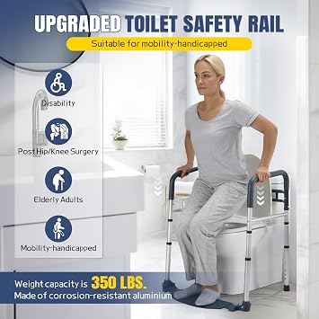 Lianjindun Toilet Safety Rails with Footrest, 350 lbs | Adjustable Height & Width, Fits Most Toilets, Aluminum, Folding & Portable Toilet Handles for Elderly, Disabled, Handicap