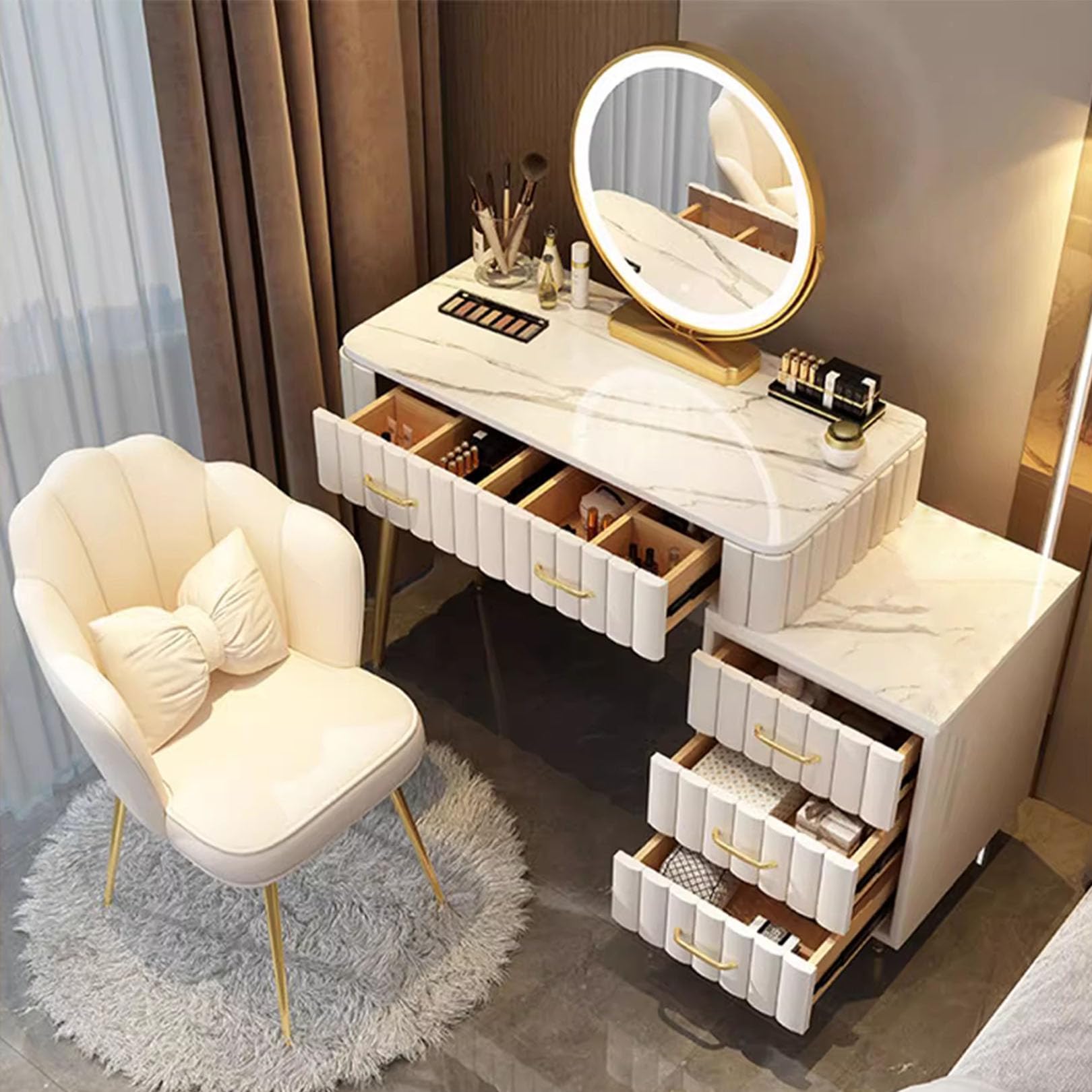 CGCSYZ Vanity Table with 5 Drawers LED Mirror & 3 Light Modes Multifunctional Makeup Desk for Bedroom Pink 100cm/39.4in Stylish & Practical Makeup Station(White-80cm/31.5in)