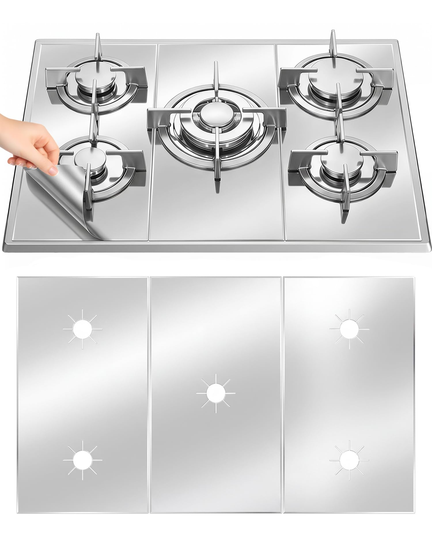 JTENGYAO Gas Hob Covers, 3PCS 54x27cm Reusable Stove Burner Covers, Gas Hob Range Protectors, Fiberglass Gas Stove Mats, Non-Stick Hob Protectors for Gas Cooker, Silver