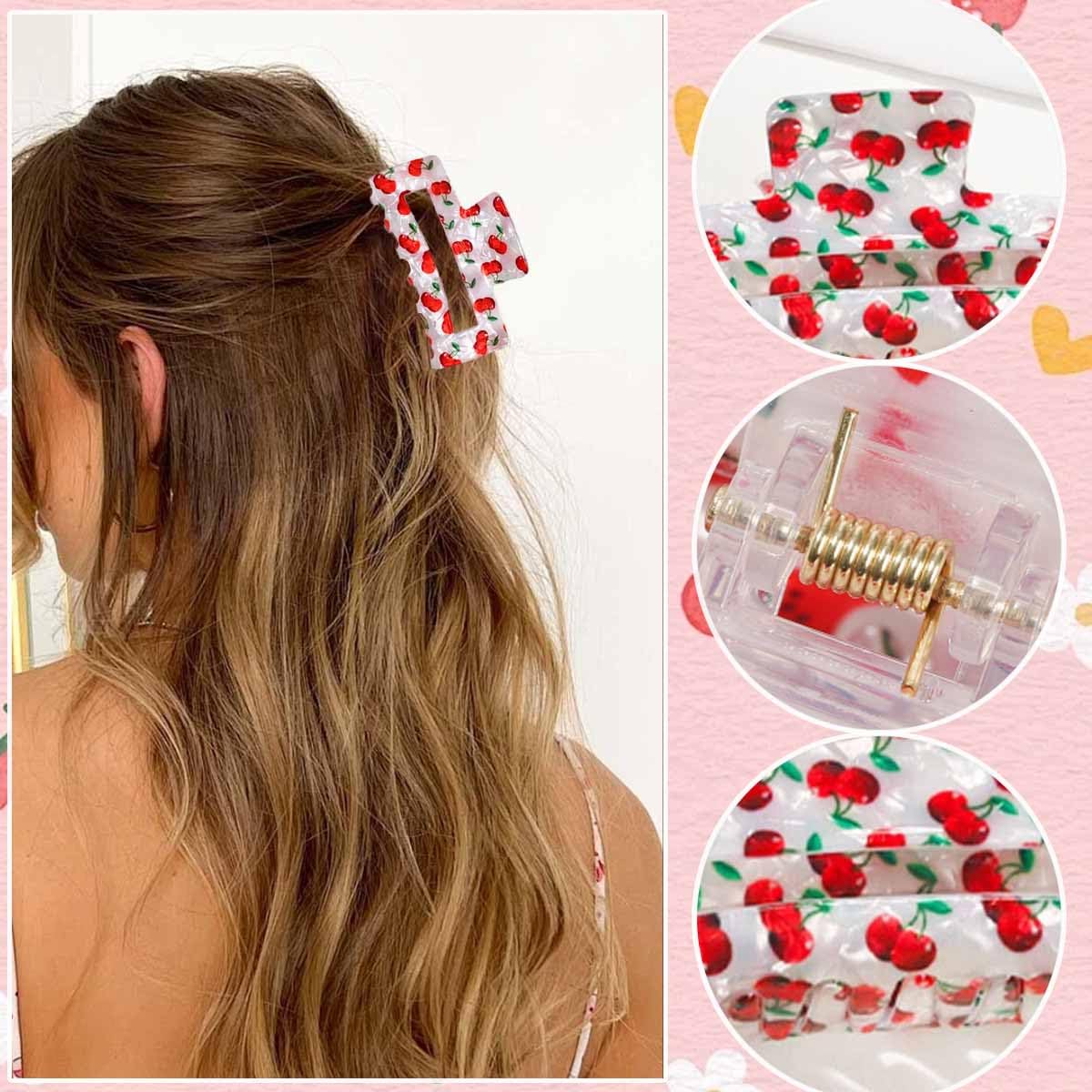 2 PCS Cherry Hair Claw Clips Square Cherry Hair Clip Cute Fruit Non Slip Barrettes Rectangle Jaw Clips Strong Hold Fashion Headwear Spring Summer Beach Hair Accessories for Women Girls (Red) - Image 3