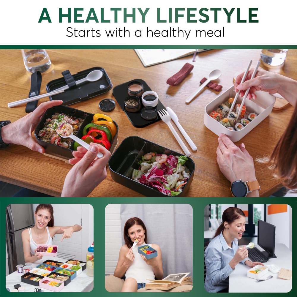 Umami Fiambrera Para Comida De Trabajo, Bento Lunch Box Japonés, Con 4 Compartimentos, Cubiertos, Recipientes Para Salsa, Caja De Almuerzo Sin BPA, Apta Para Microondas, Porta Alimentos 100% Hermética