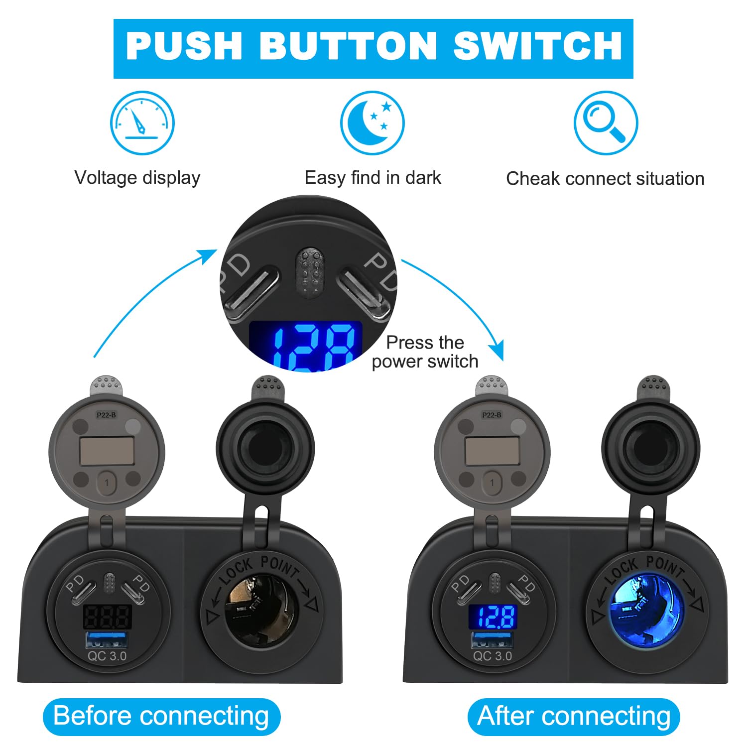 Presa Caricabatterie Da Auto USB C 3 In 1 Con QC3.0 E PD Doppio - Interruttore Touch, Voltmetro LED, Presa Accendisigari 12V/24V - Per Auto, Barca, Camper - 3