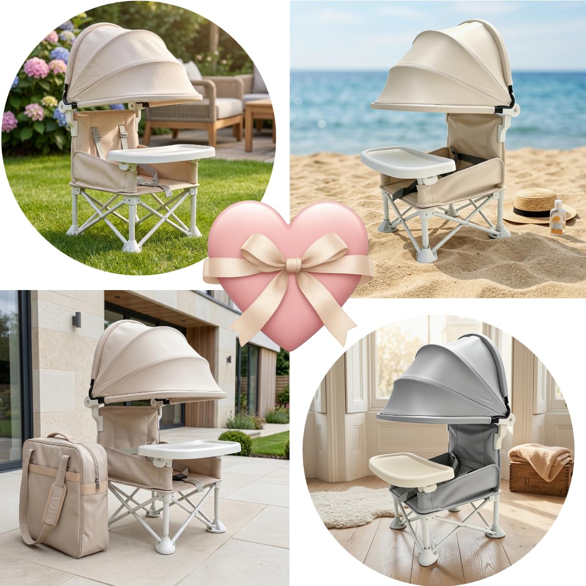 Siège de voyage pliable pour bébé avec position assise surélevée, chaise d'alimentation pour enfants, tout-petits et nourrissons avec plateau amovible et parasol amovible (crème)