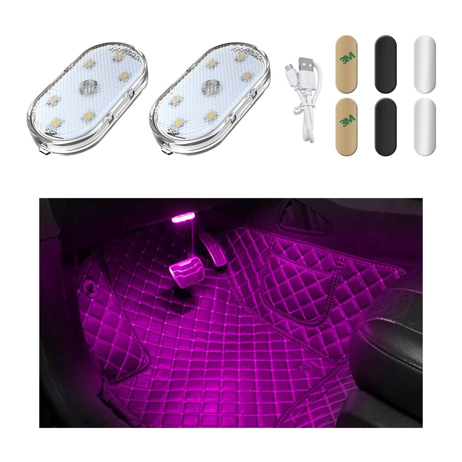 Ziciner2 PCS Car Led Lights Interior, Super Bright Car Wireless Bulb, USB Rechargeable Auto Led Festoon Bulb, Universal Vehicle Accessories for Cars, Trucks, SUVs, Vans (Pink Purple)