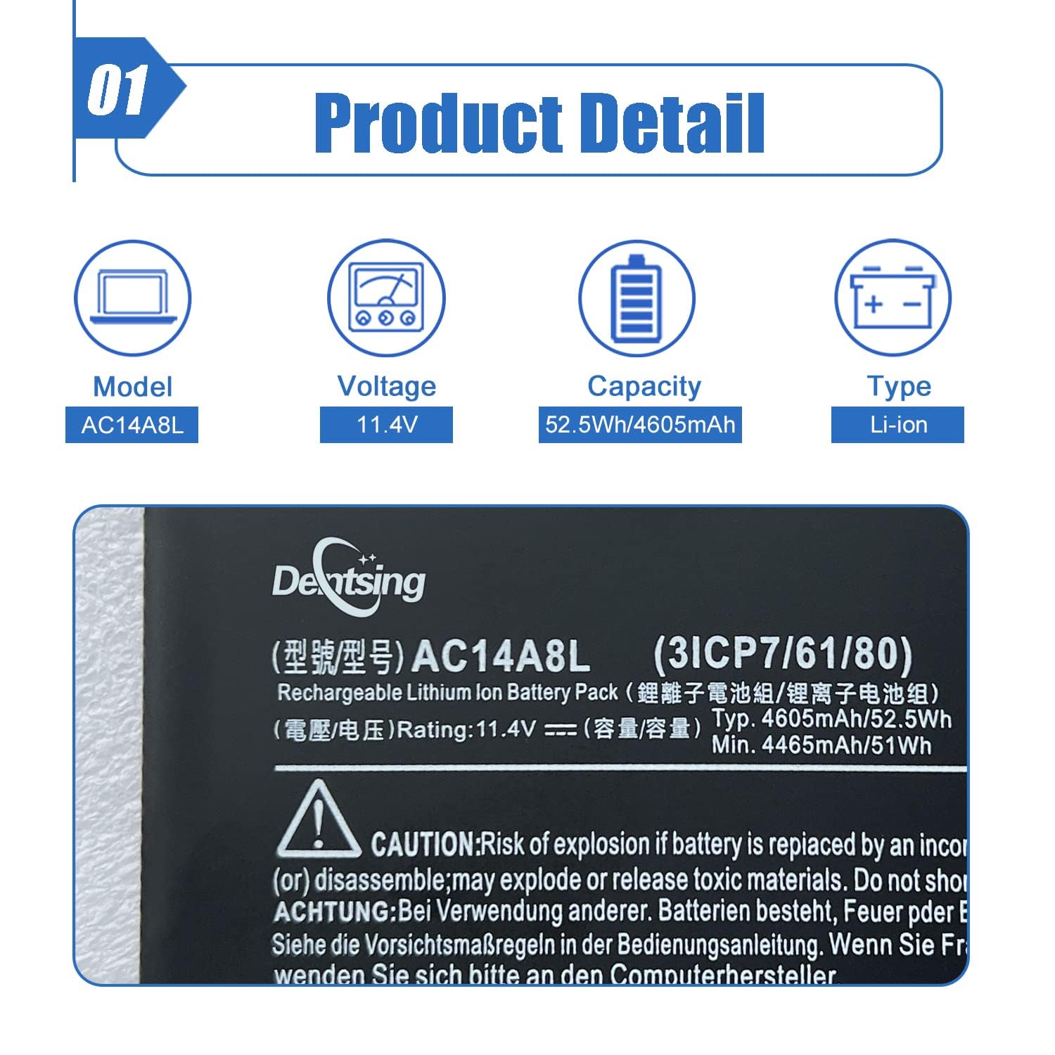 Dentsing AC14A8L Laptop Battery Replace for ACER V15 Nitro Aspire VN7-571 VN7-591 VN7-571G VN7-791G VN7-591G-77A9 VN7-791 Series AC14A8L(3ICP7/61/80) 11.4V 52.5Wh