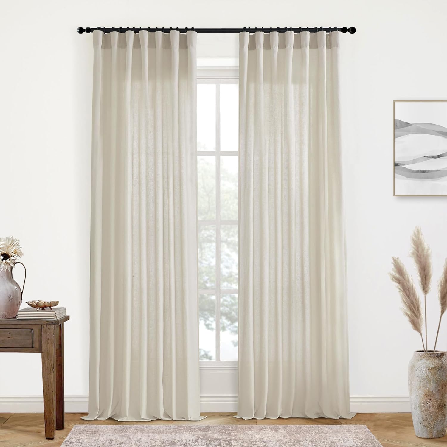 Rod Pocket Curtains for Traverse Rod with Hooks or Tap Tie Top with Clip Rings,Linen Back Tab Boho Sheer Country Curtain Draperies for Bedroom Living Room Dining,Warm Grey Greyish Beige,90 Inch Long 50"W x 90"L (Pack of 2) Oatmeal